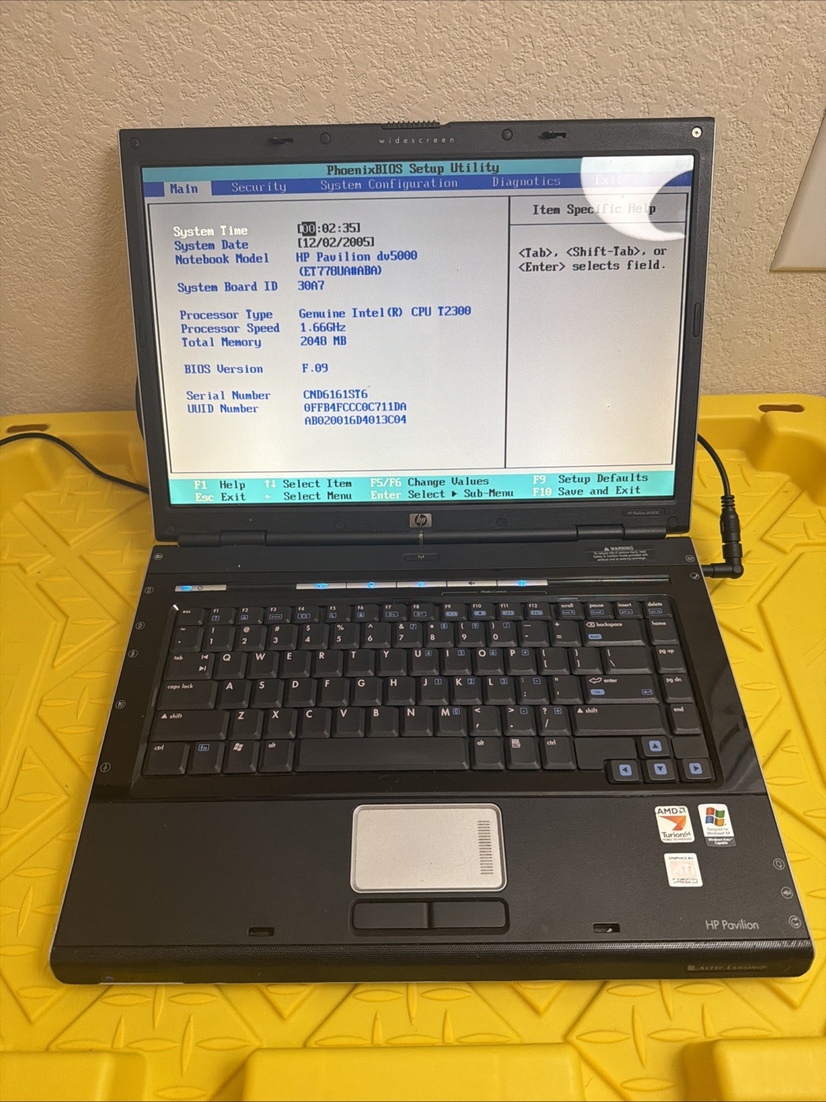HP Pavilion DV5000 Intel T2300 1.66GHz 2 GB NO HDD No Batt - Boots to BIOS