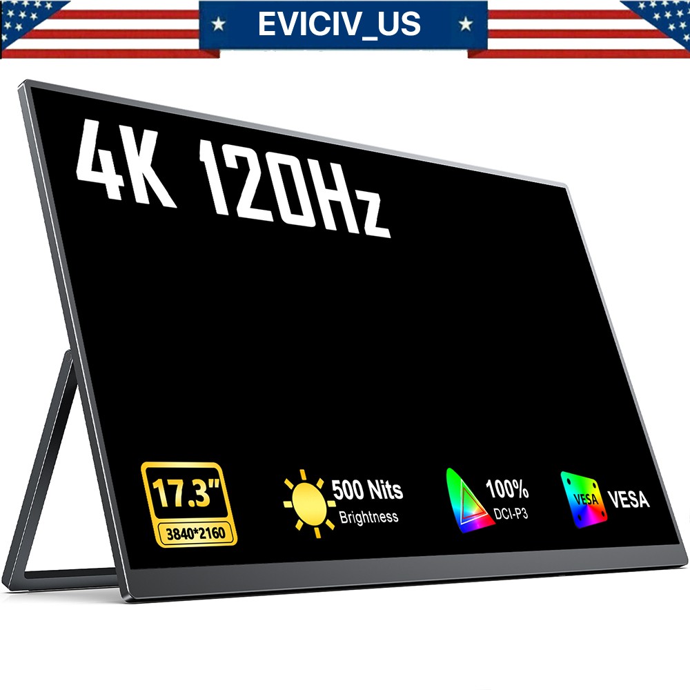 2025 17.3'' 4K Portable Monitor 120Hz UHD Dual USB C HDMI Screen Speakers Game B