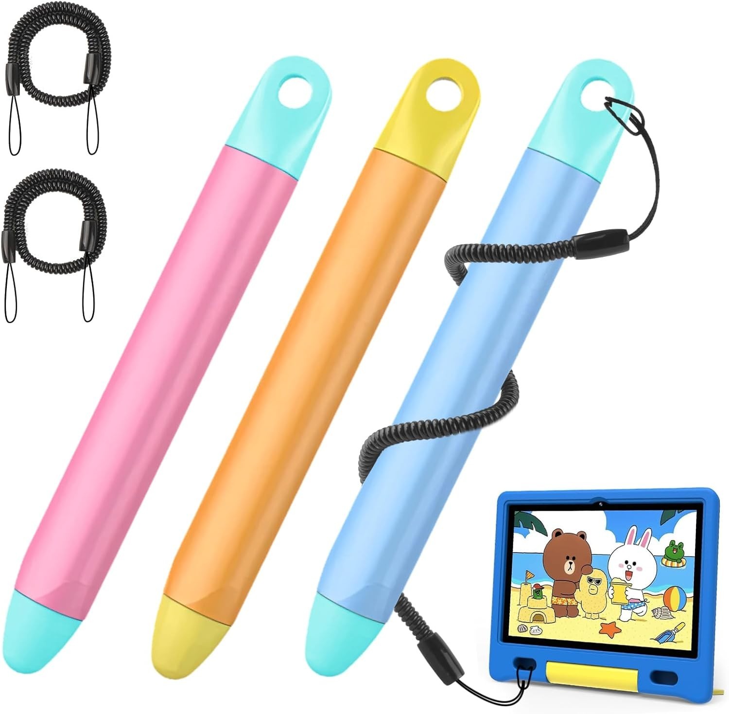 Kid-Friendly Tablet Stylus with Tether, 3 Pack Kids Stylus Pen for iPad, Fire Ta