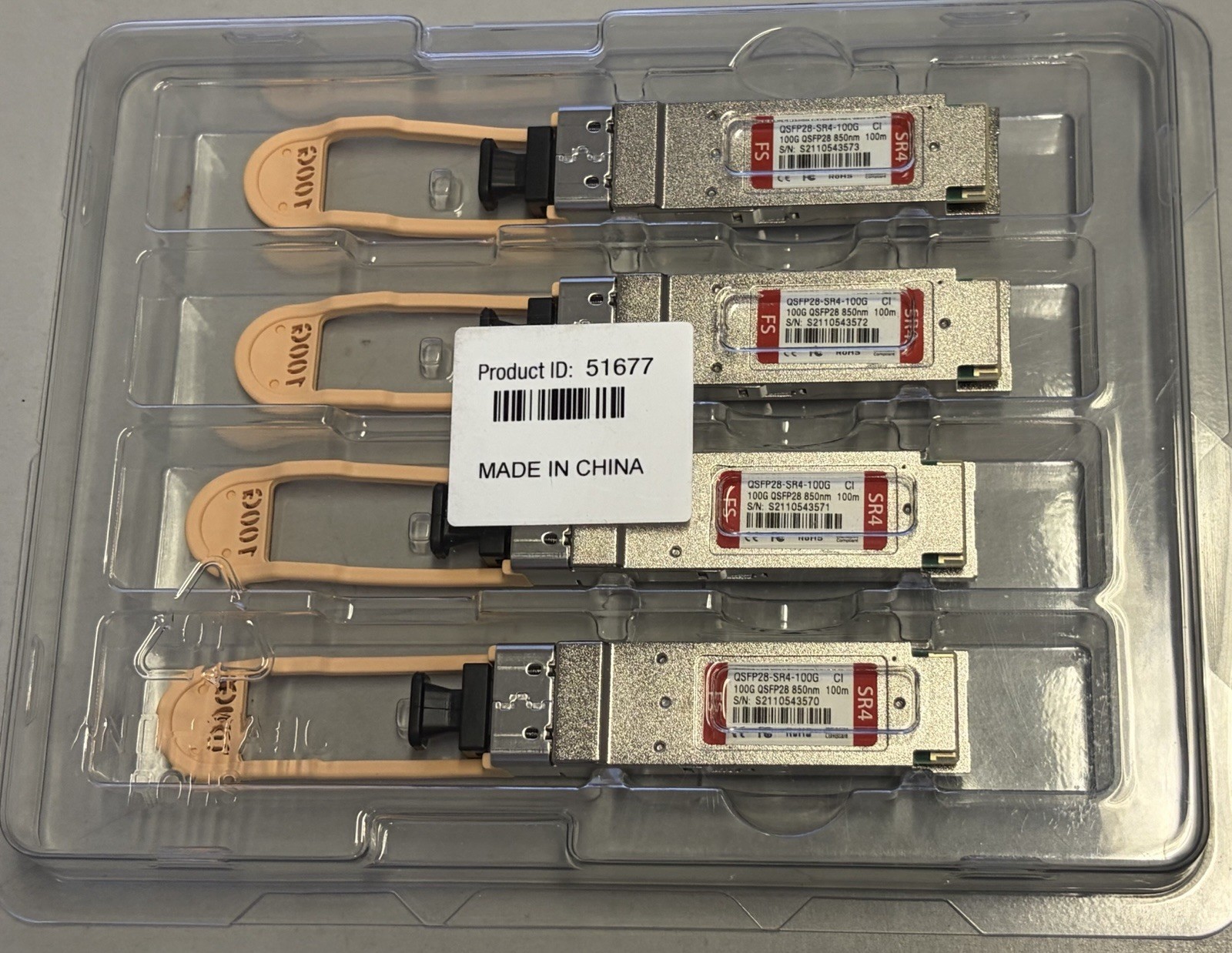 New Lot of (4) FS QSFP28-SR4-100G 100G QSFP28 850nm 100m Compatible Transceiver