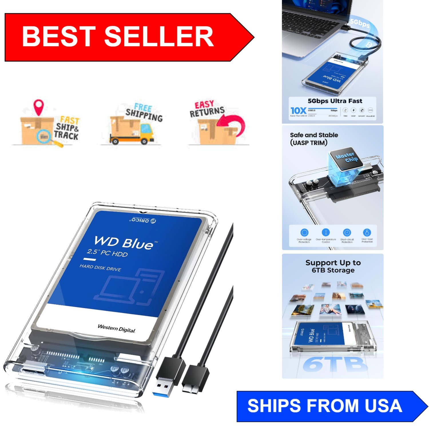 Elegant Transparent 2.5'' External Hard Drive Enclosure - USB 3.1 Tool-Free