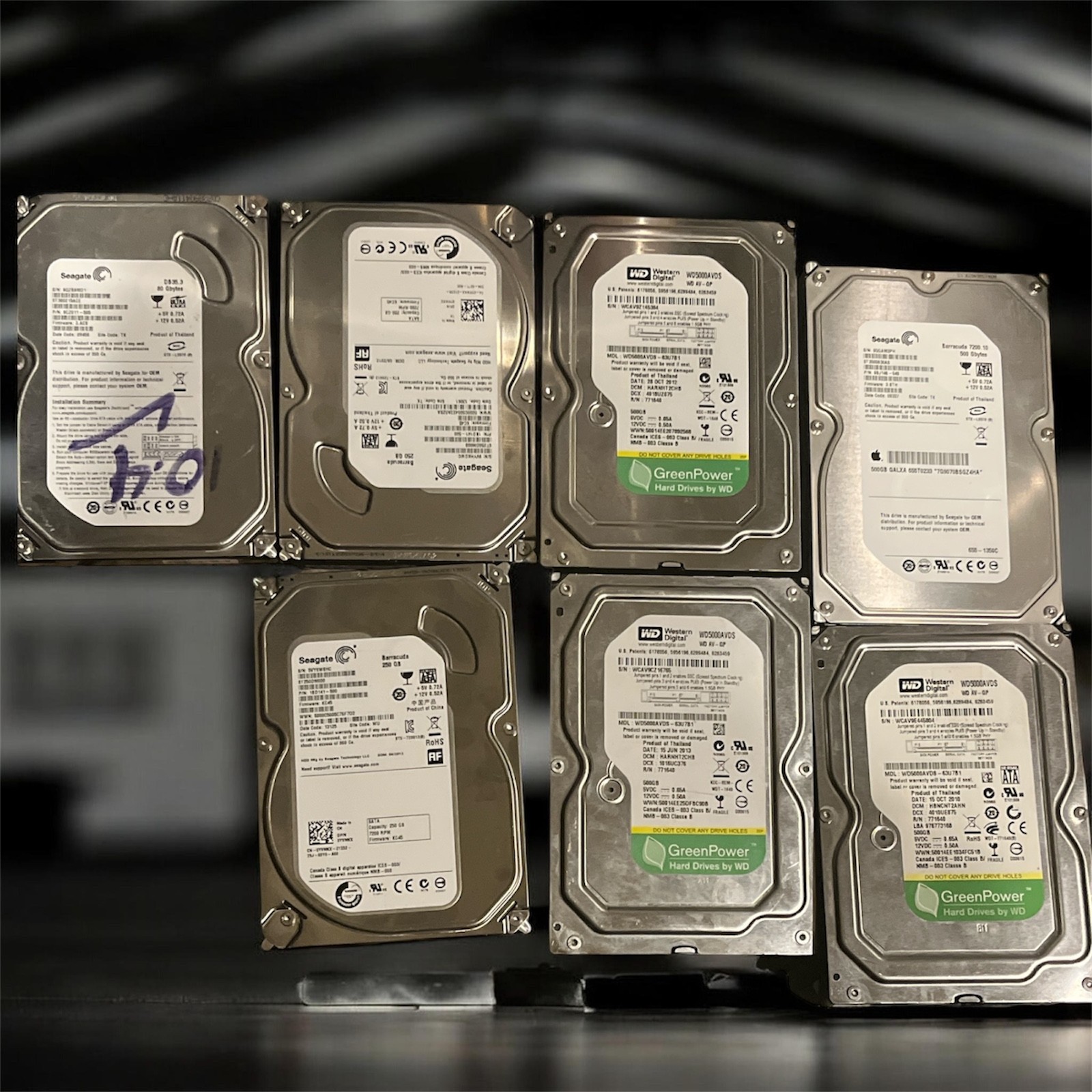 Lot of 7 Mixed 3.5” HDDs – 4x 500GB, 2x 250GB, 1x 80GB – Seagate & WD SATA & IDE