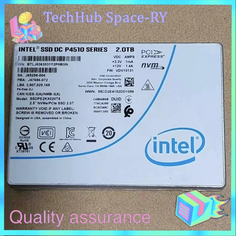 Used Intel P4510 2TB SSD Series DC NVME U.2 2.5" SSDPE2KX020T8 Solid State Drive