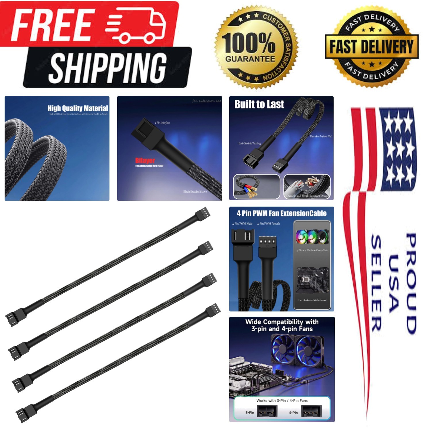 High-Performance 12" Braided PWM Fan Extension Cable - 4 Pack for PC Enthusiasts