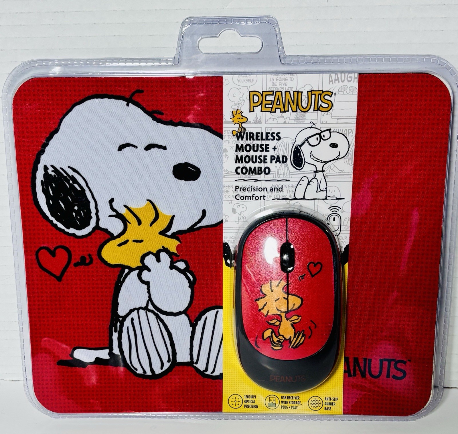 Peanuts Wireless Mouse + Mouse Pad Combo Snoopy Woodstock Red 1200 DPI
