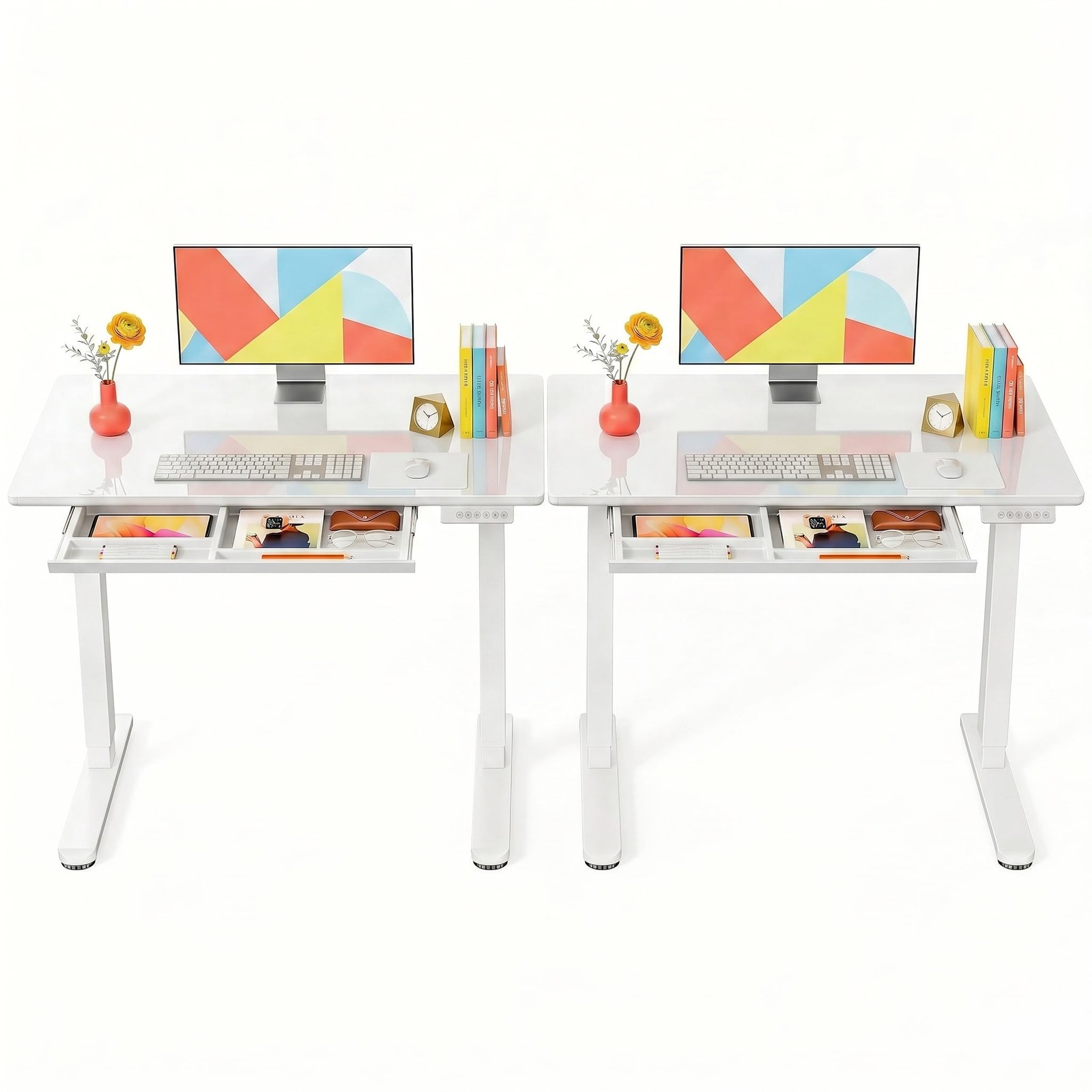 Glass Standing Desk 37 x 22 Inch 4 Zone Drawer Storage 2 Pack White Marsail