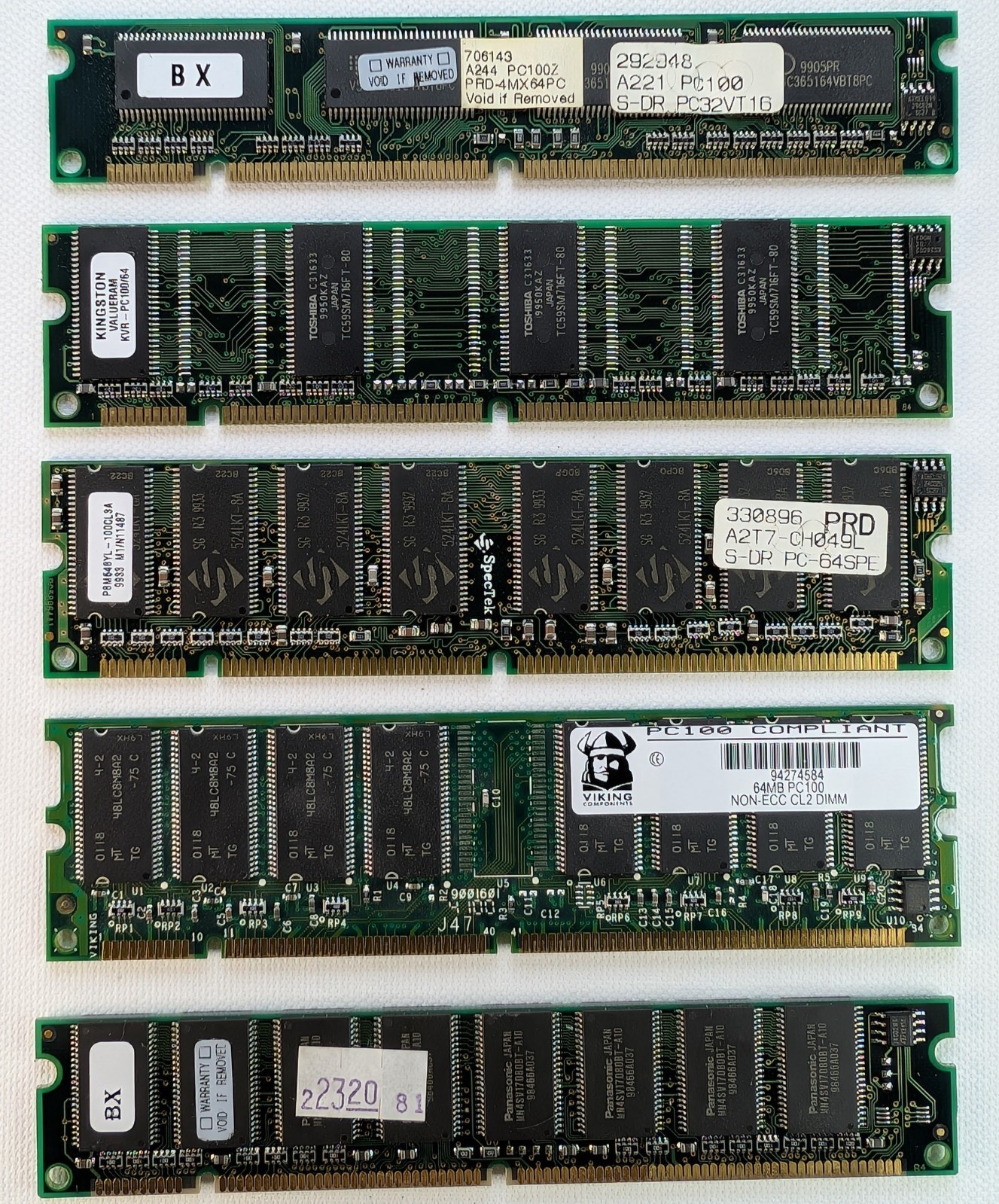 Lot of 5 PC100 SDRAM 168-Pin DIMM 32MB 64MB 128MB Kingston Viking Desktop Memory