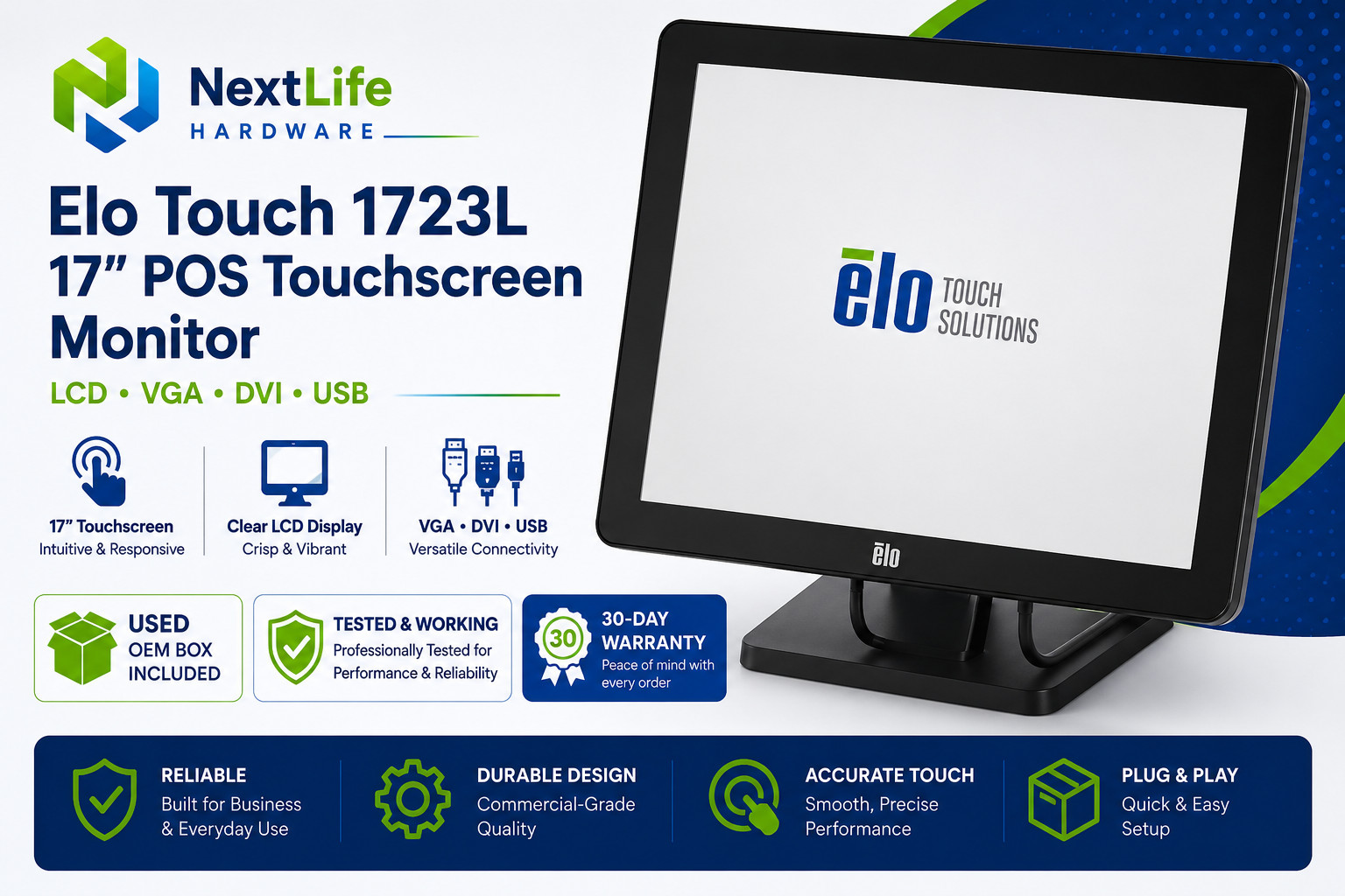 Elo Touch 1723L 17" POS Touchscreen Monitor VGA DVI USB Tested w/OEM Box