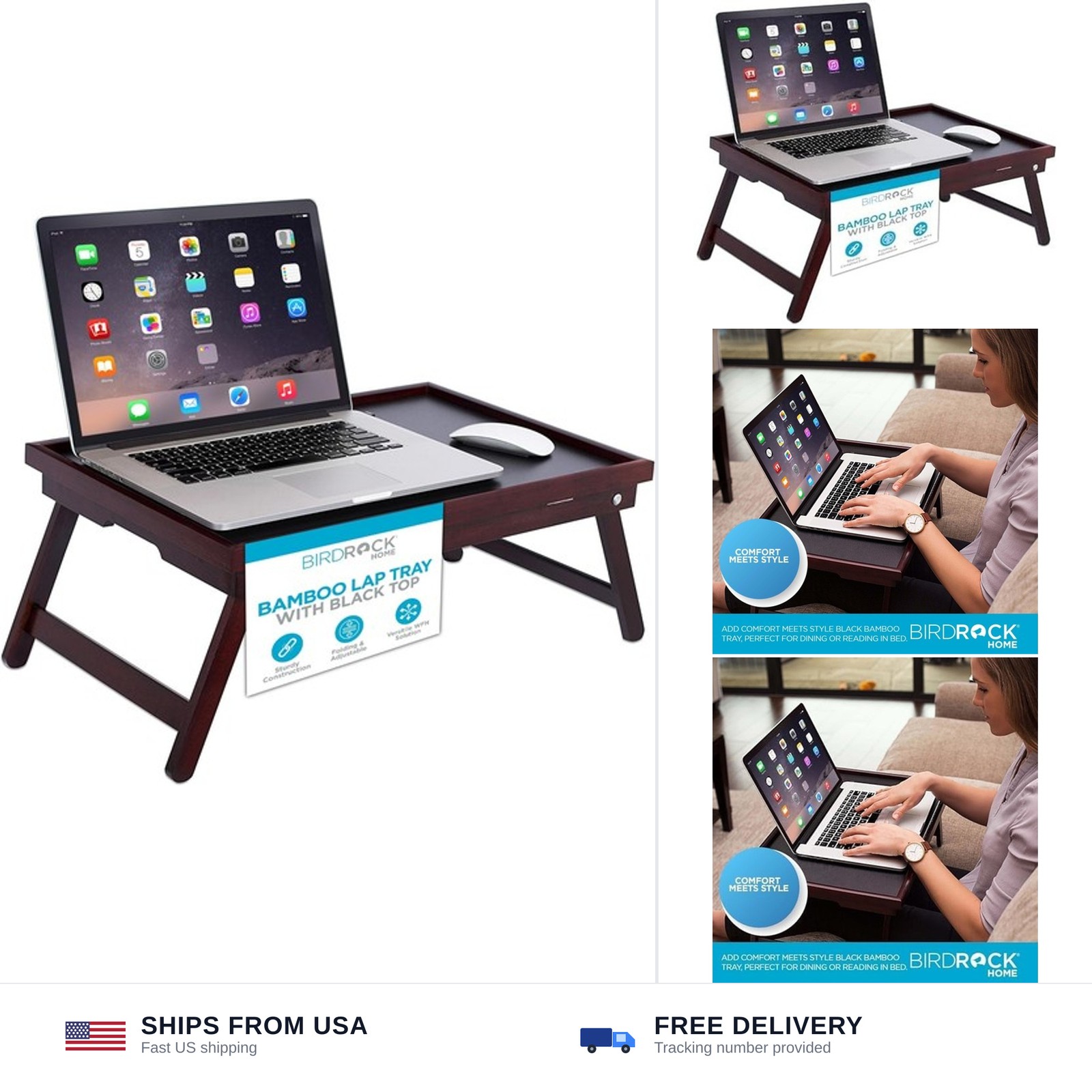 BIRDROCK HOME Bamboo Lap Tray with Black Top - Adjustable Laptop Desk - Folda...