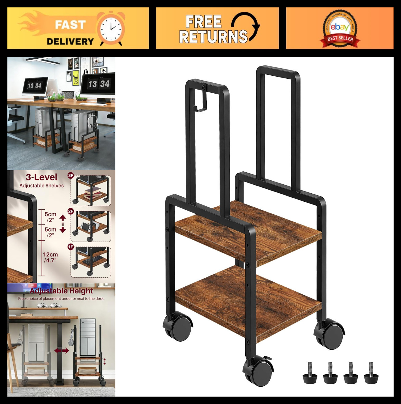 Adjustable 2-Tier Computer Stand with Locking Wheels & Hooks, CPU Cart for Home/
