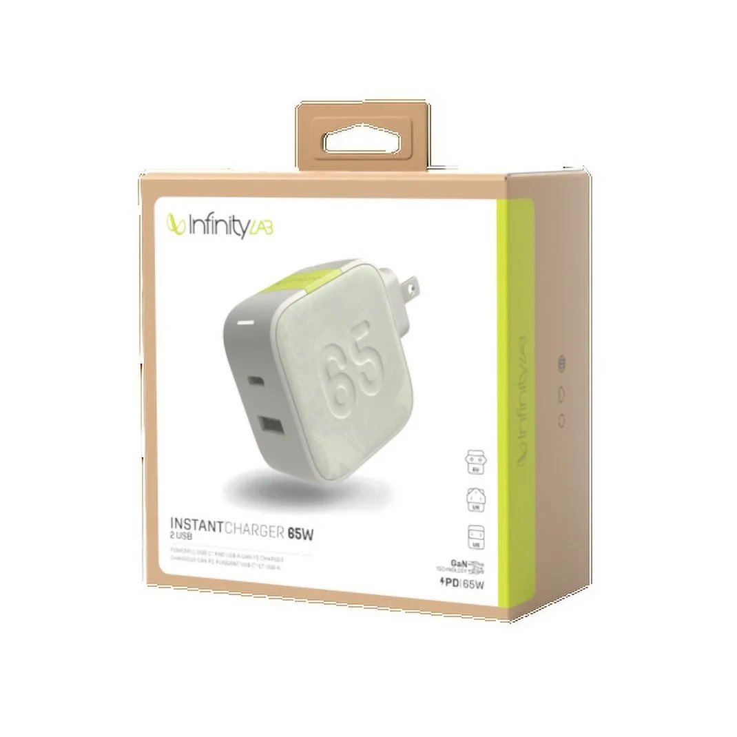 INFINITY LAB InstantCharger 65W 2 USB, Powerful USB-C & USB-A Gan PD Charger NEW