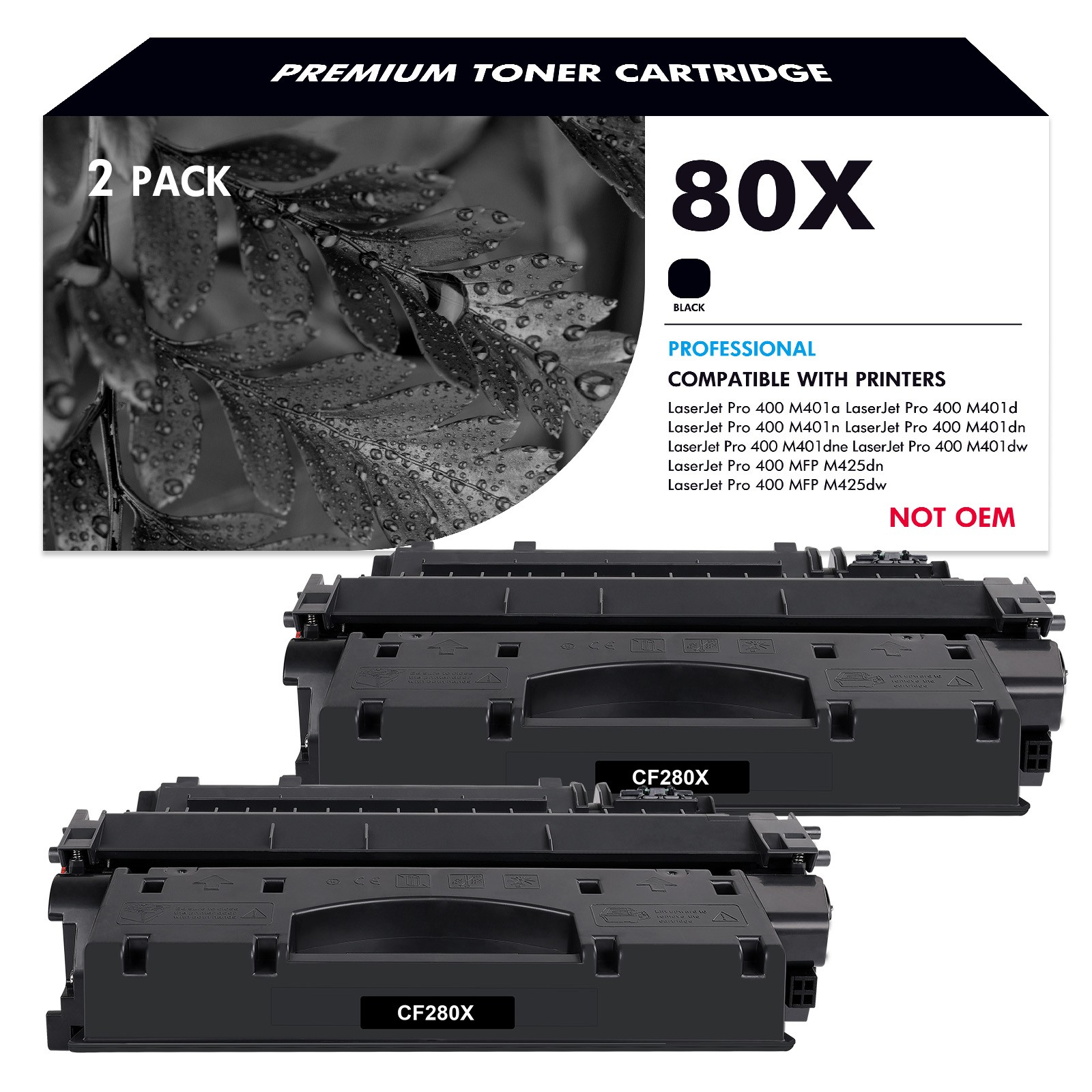 2 PK Black CF280X 80X Toner Cartridge Compatible For HP LaserJet Pro 400 M401dw