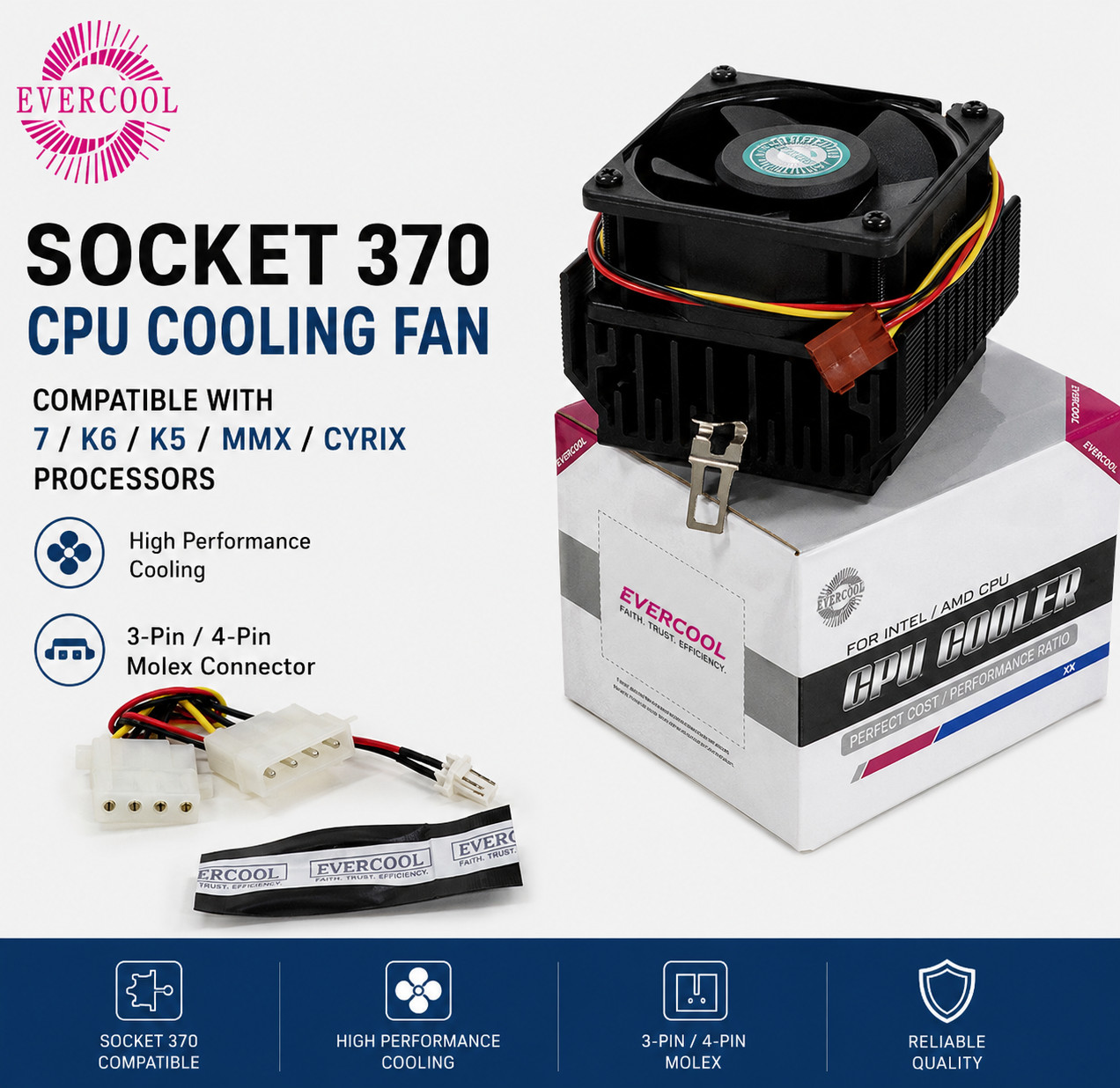 EverCool Socket 370 7 K6 K5 MMX Cyrix CPU Cooling Fan 3-Pin / 4-Pin Molex