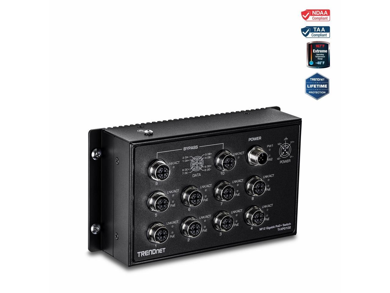 TRENDnet 10-Port Industrial EN 50155 M12 Gigabit PoE+ Railway Switch, TI-XPG102,