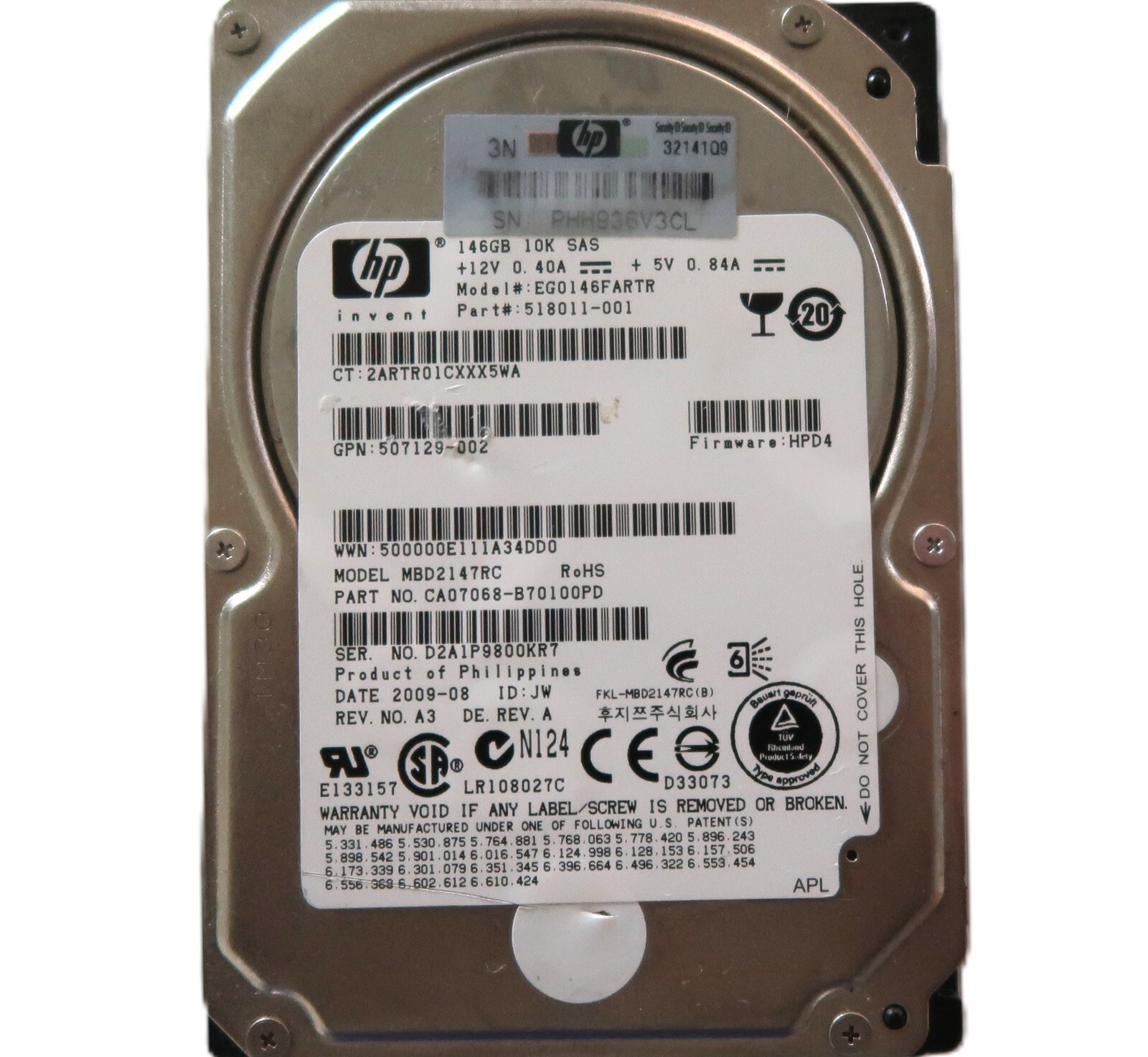HP MBD2147RC CA07068-B70100PD Rev. No. A3 Rev A 146gb 2.5" 19k SAS Hard Drive