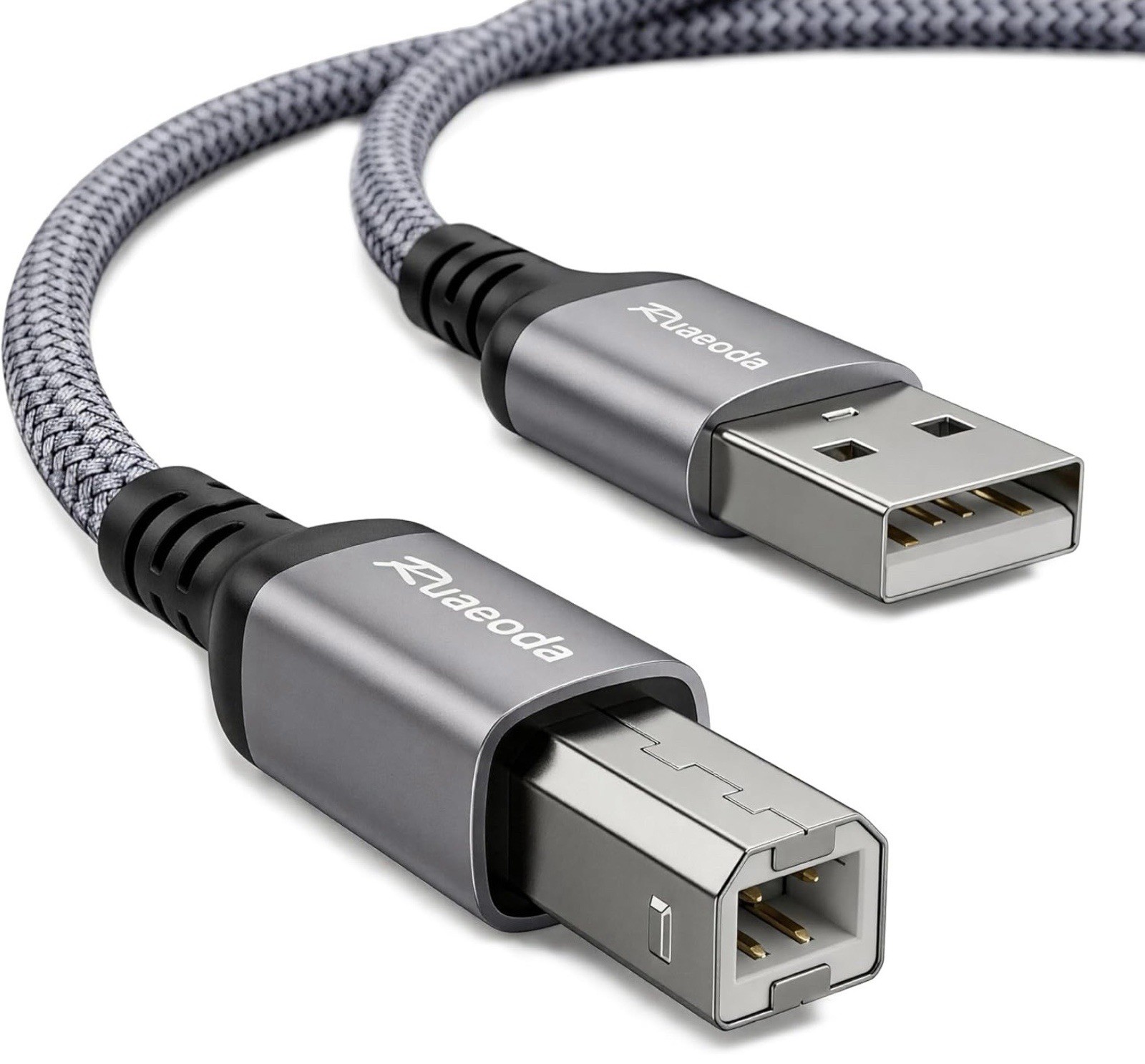 USB Printer Cable Nylon Braided USB A to B Cord - Space Grey - 10 Feet