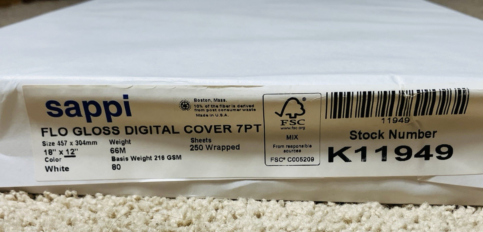 Sappi FLO GLOSS Digital Cover 7 Pt Paper White 18" x 12"  Case of 250 K11949