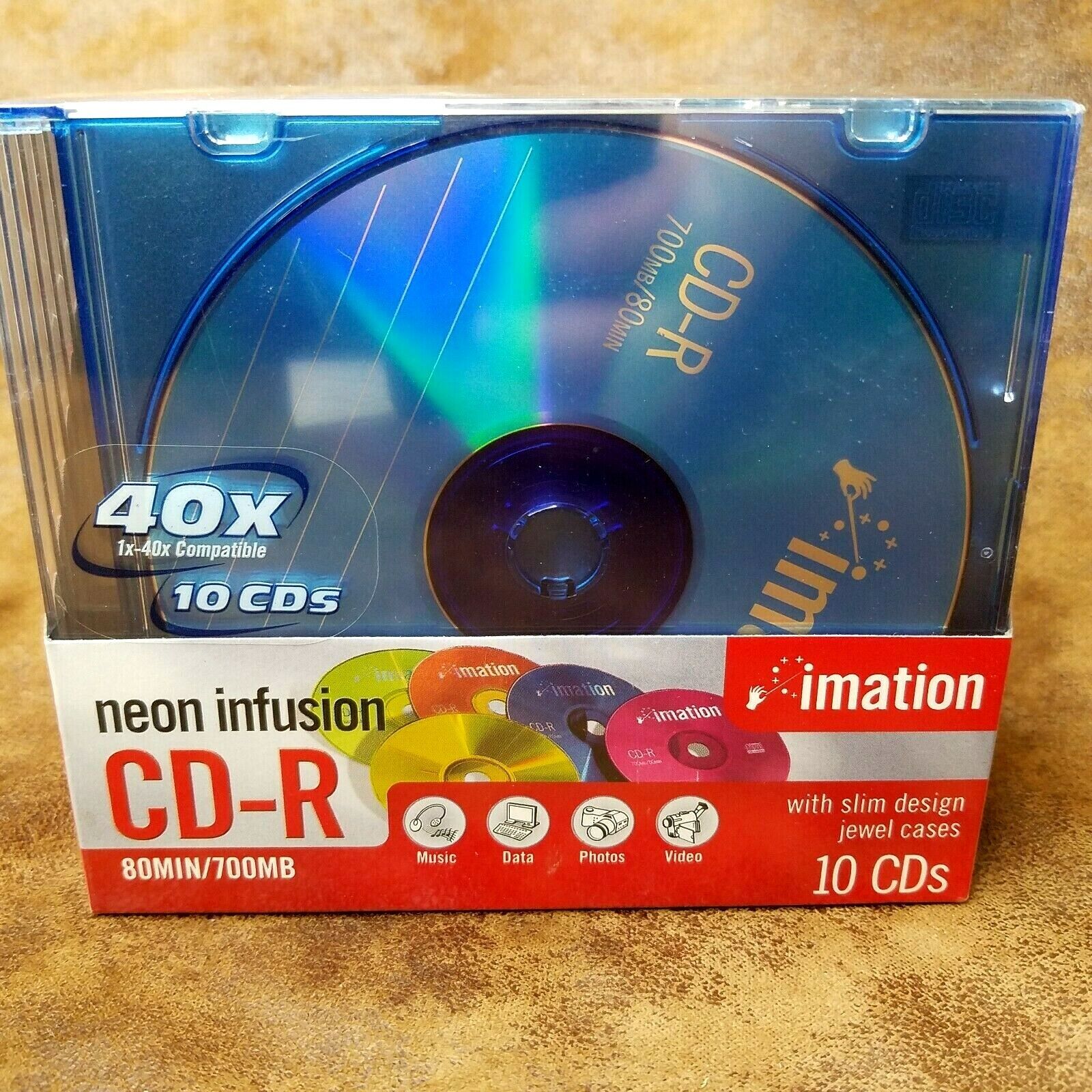 Imation Neon Infusion CD-R 40X 700MB 80min Factory Sealed Jewel Cases Pack of 10