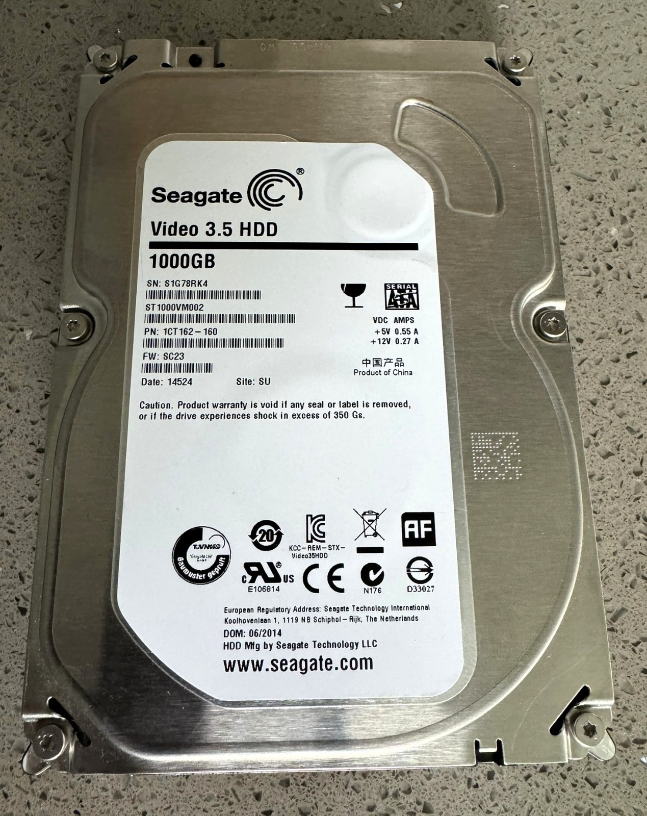 Seagate ST1000VM002 1CT162-160 SC23 1000gb 3.5" Sata Video Pipeline HDD