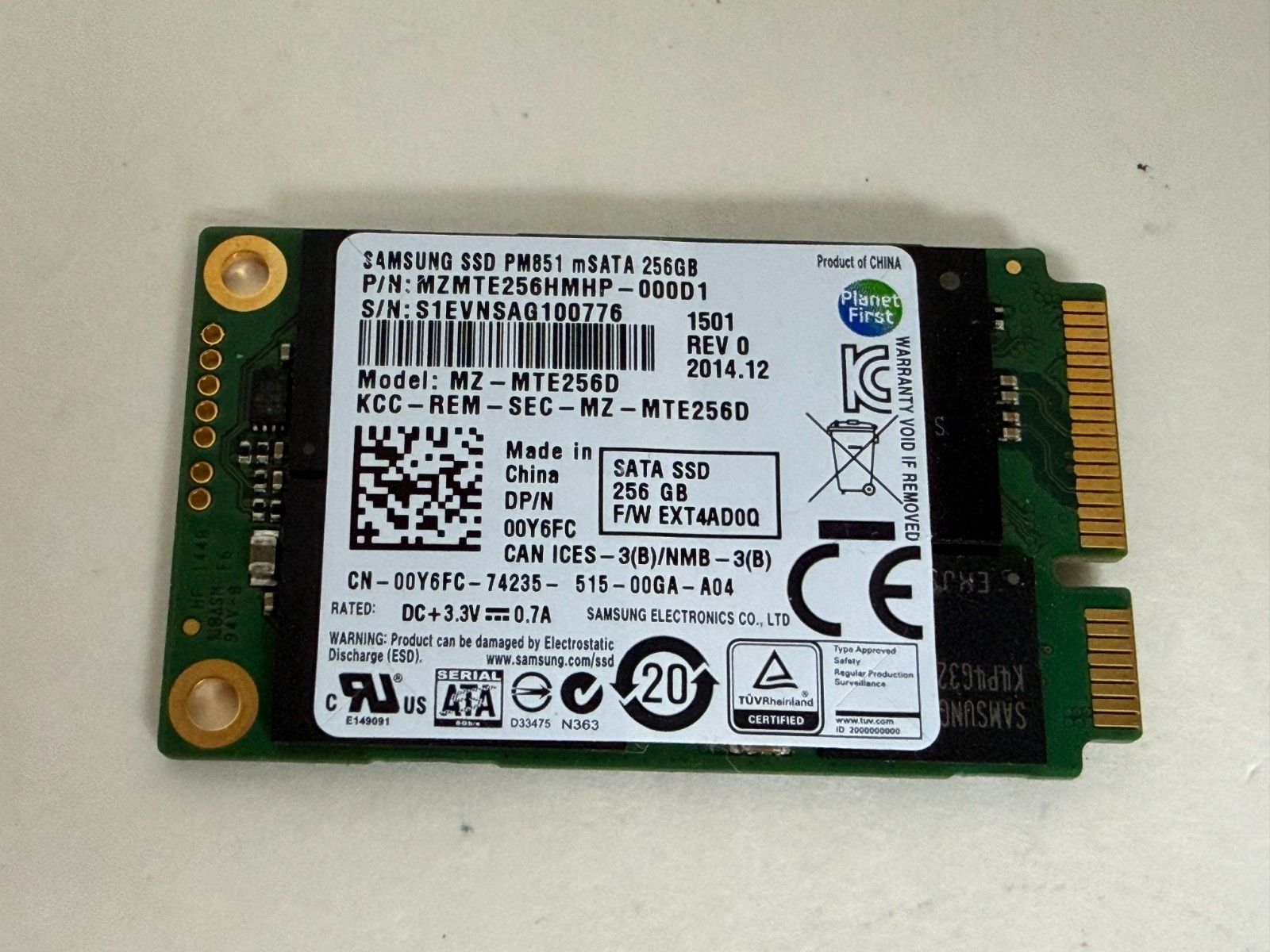 Samsung PM851 256GB mSATA SSD MZMTE256HMHP SATA III 6Gb/s Dell 00Y6FC Used