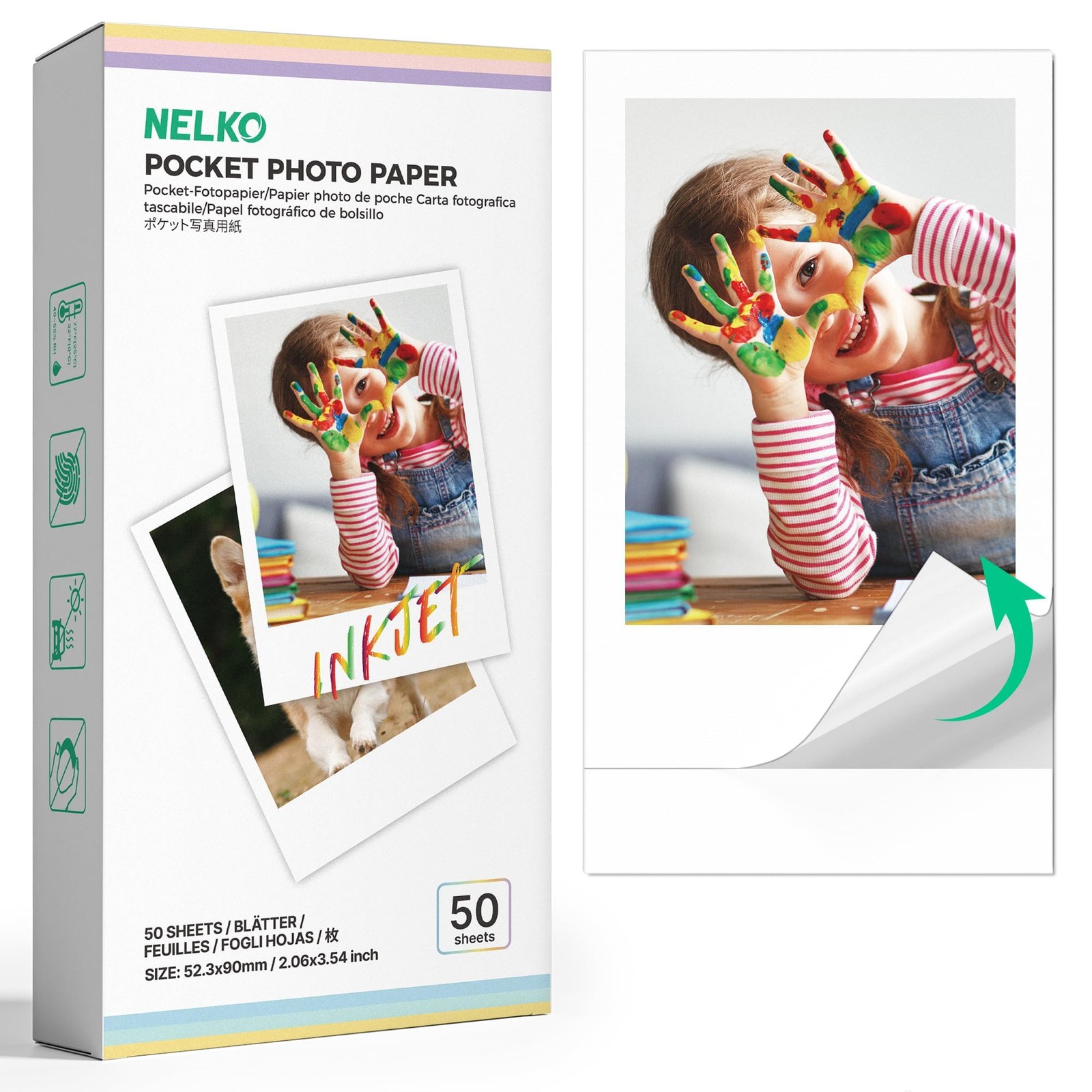 50 PCS Premium Photo Paper 52.3x90 mm 2.06x3.54 Inch Sticky Back White PP01