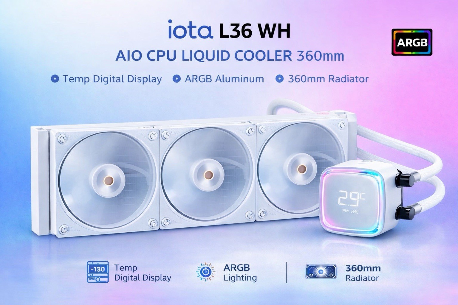 Iota L36 WH AIO CPU Liquid Cooler 360mm with Temp Digital Display,ARGB Aluminum
