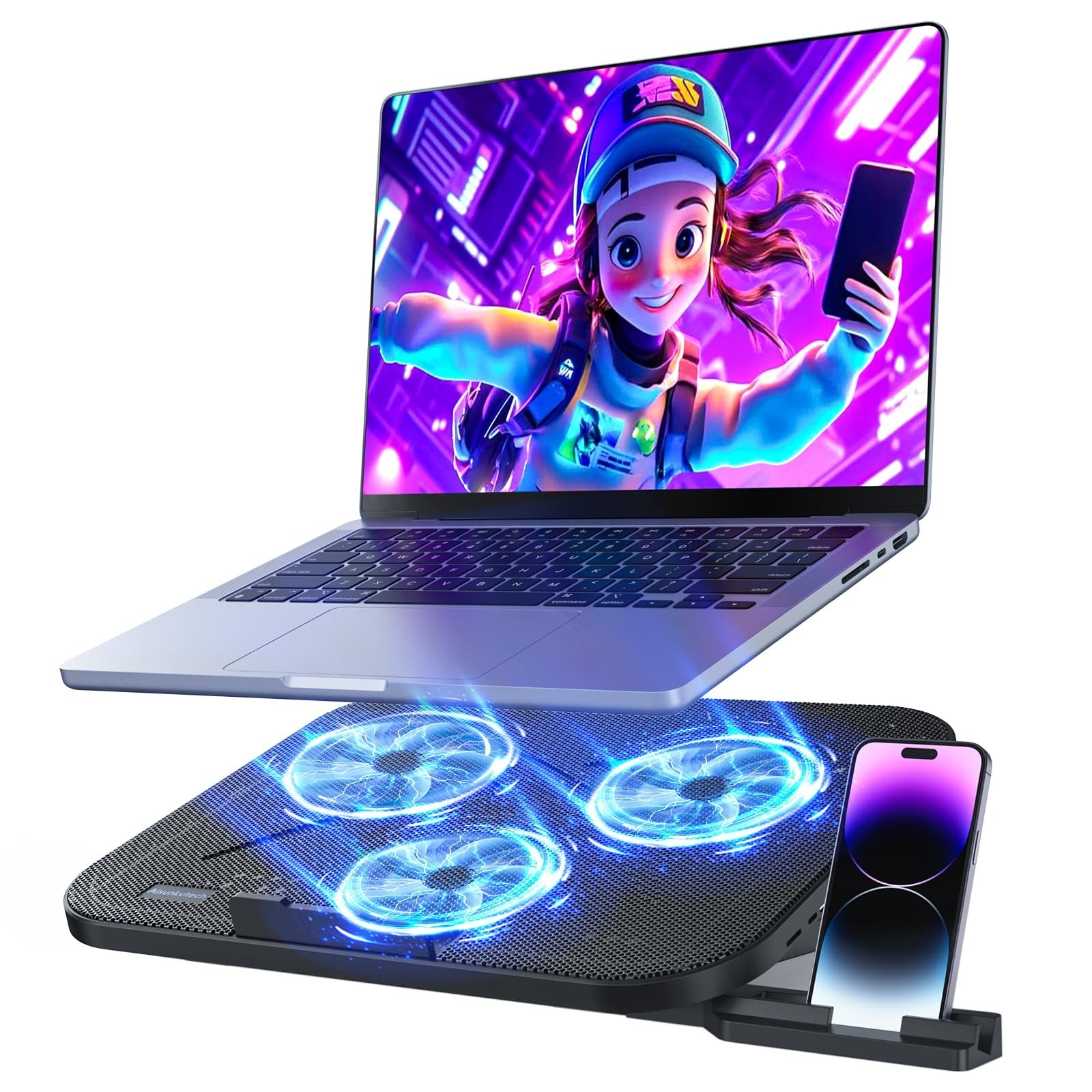 Ergonomic Laptop Cooling Pad with 3 Quiet Fans, Adjustable Height, USB Ports, Fi