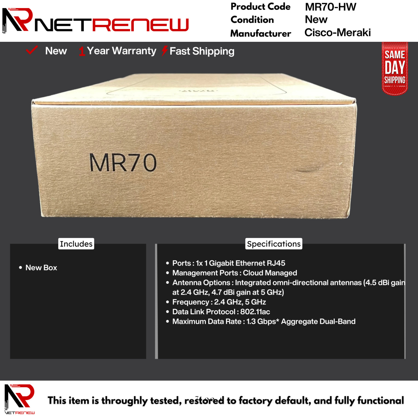 NEW Unclaimed Cisco  Meraki MR70-HW  Wireless Access Point Cloud Managed