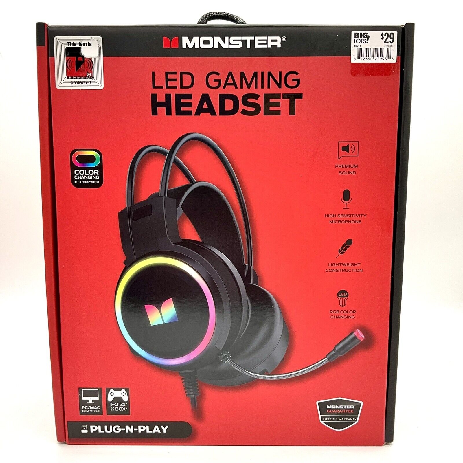 NEW Monster Black Color Changing LED Wired Gaming Headset Plug & Play Xbox PS4