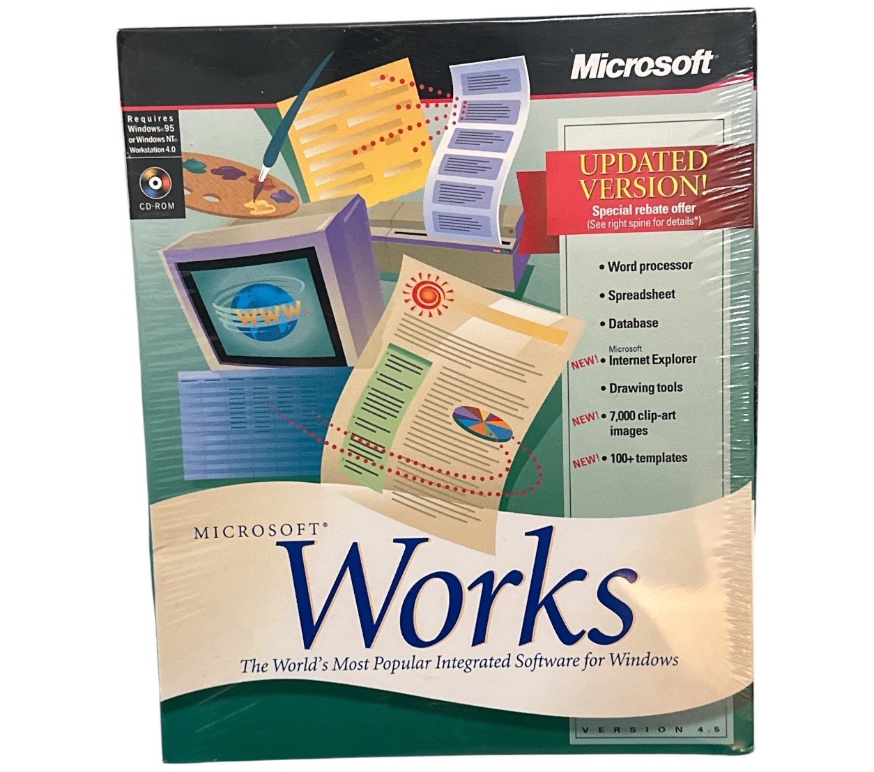 Microsoft Works 4.5 Windows 95 NT CD-ROM Sealed Big Box Software 1997
