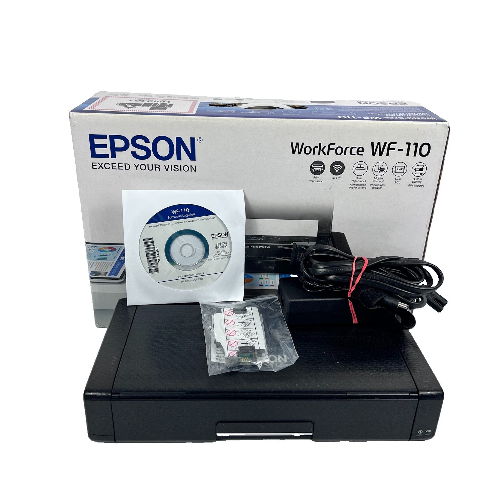 Epson WorkForce WF-110 Wireless Mobile Inkjet Printer With Box Software CD Cable