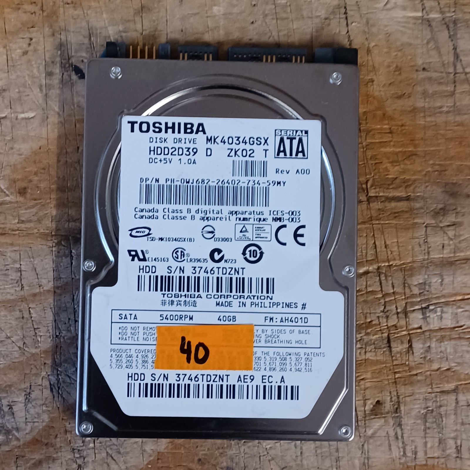 Toshiba 40GB SATA I 2.5" MK4034GSX HDD2D39 HDD