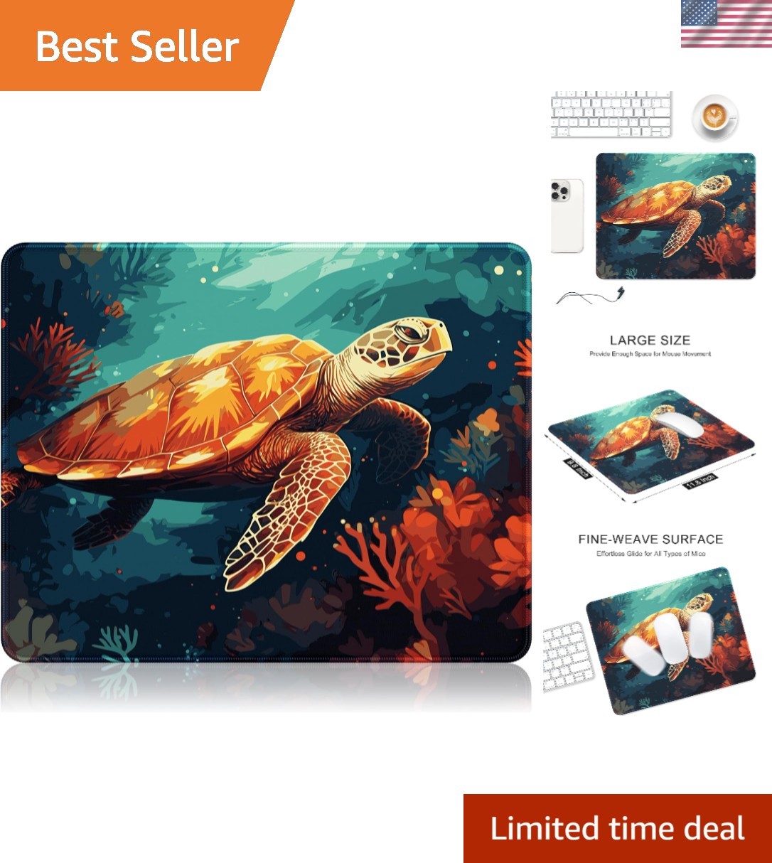 Stylish 12 x 10 in Non-Slip Mouse Pad with Cute Turtle Design for Gaming & Work