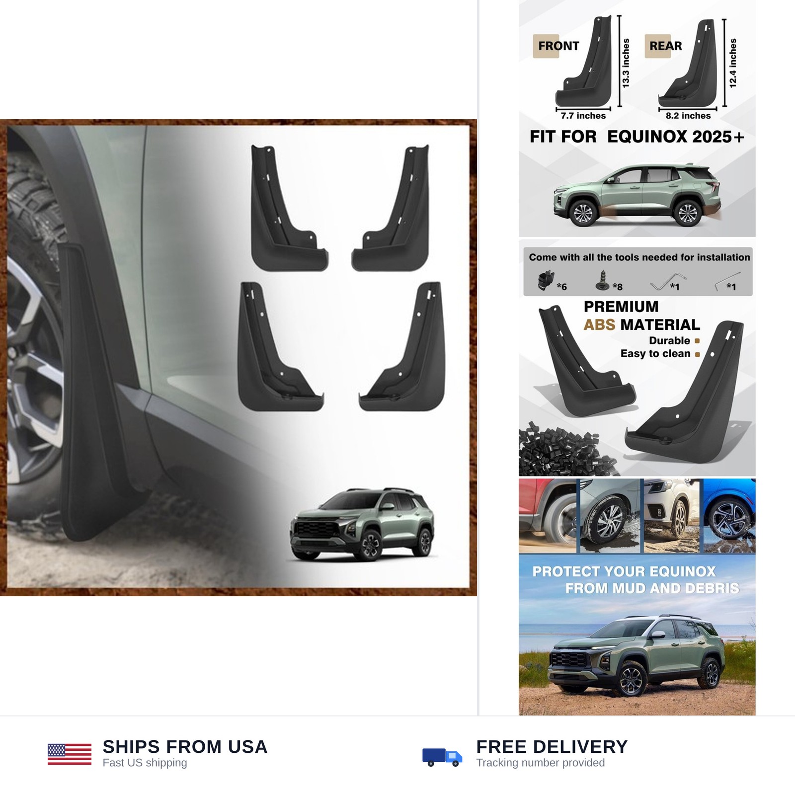 Mud Flaps 4PC for 2025 2026 Chevy Equinox LT RS Activ Black ABS