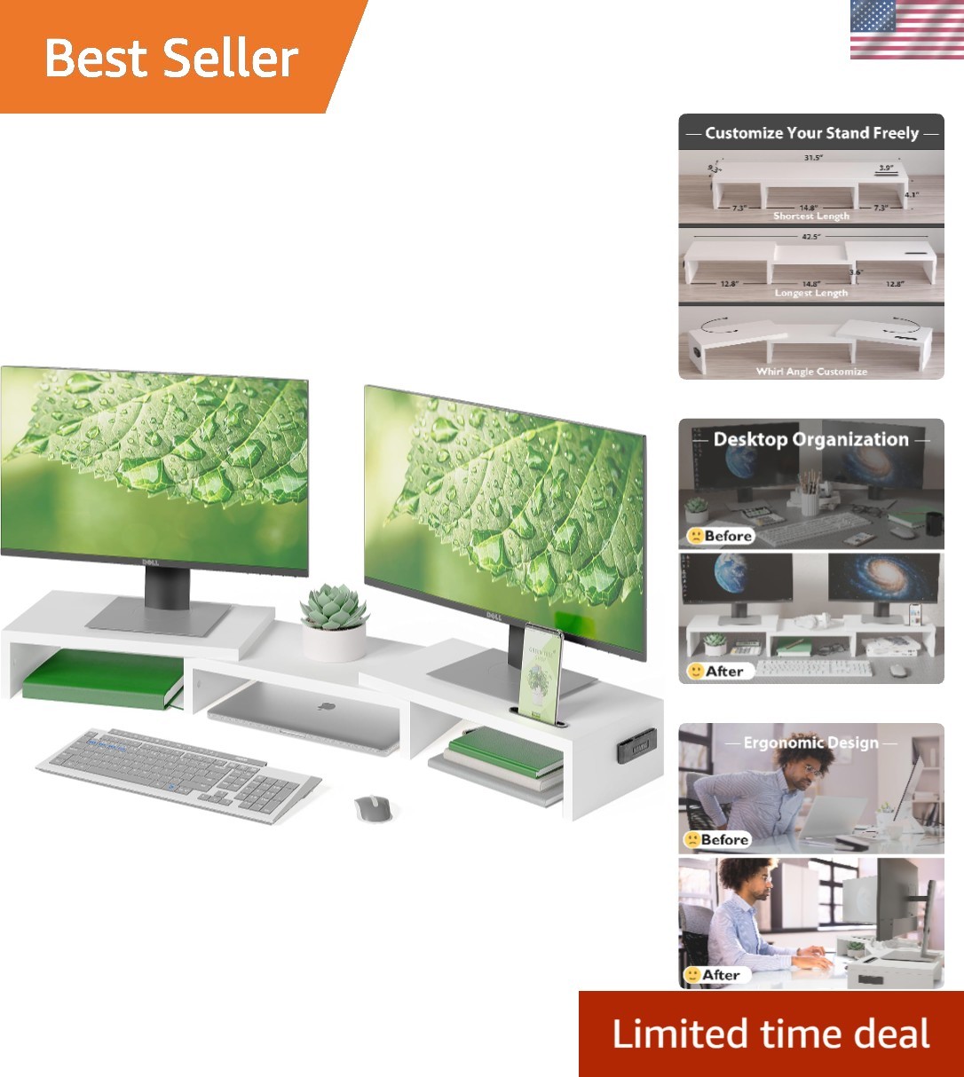 Wooden Dual Monitor Stand with Storage & Cable Management - Elegant White Finish
