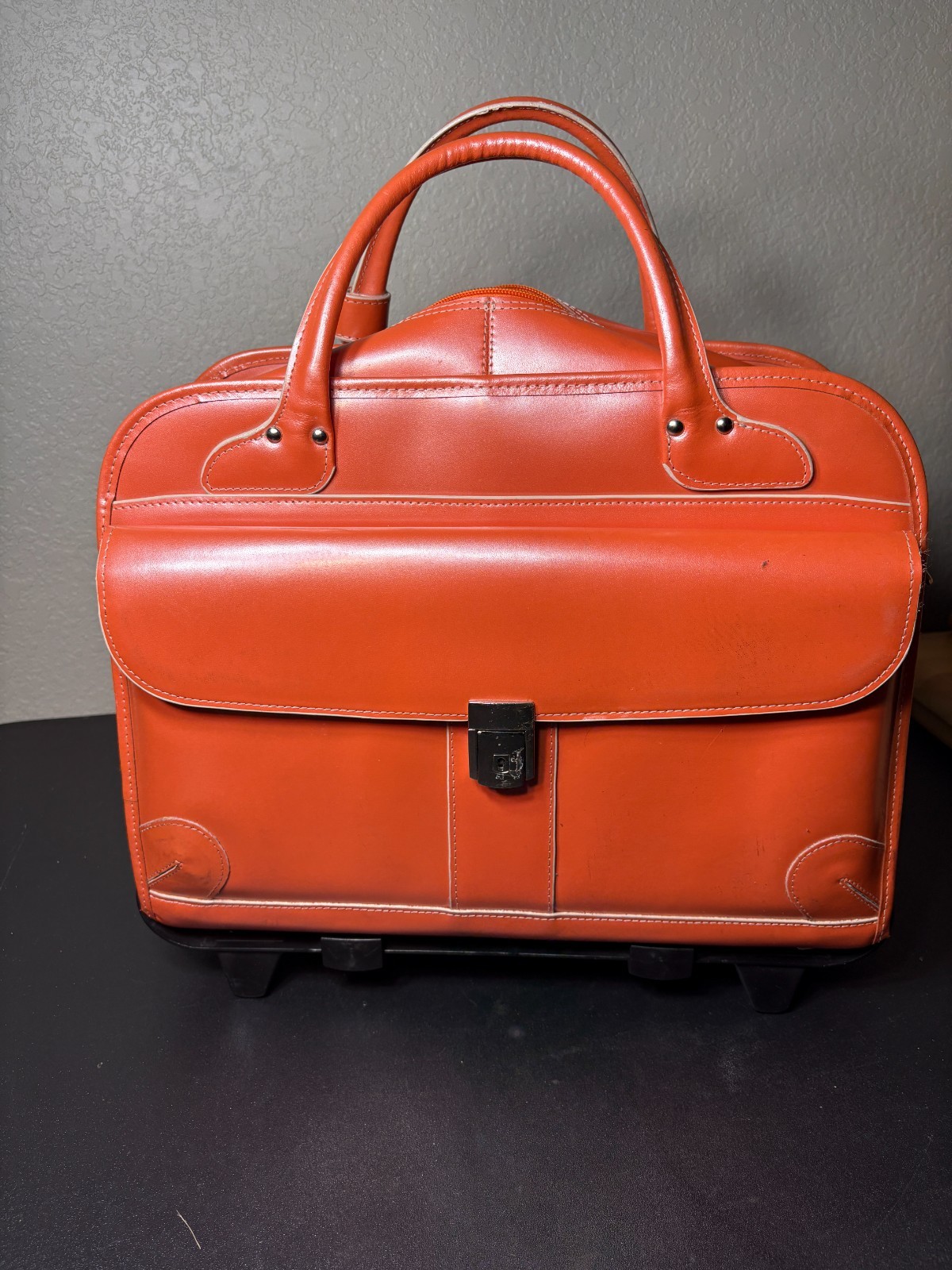 Mcklein USA Lakewood Orange Leather 2-1 Detachable Wheel Briefcase Read Details
