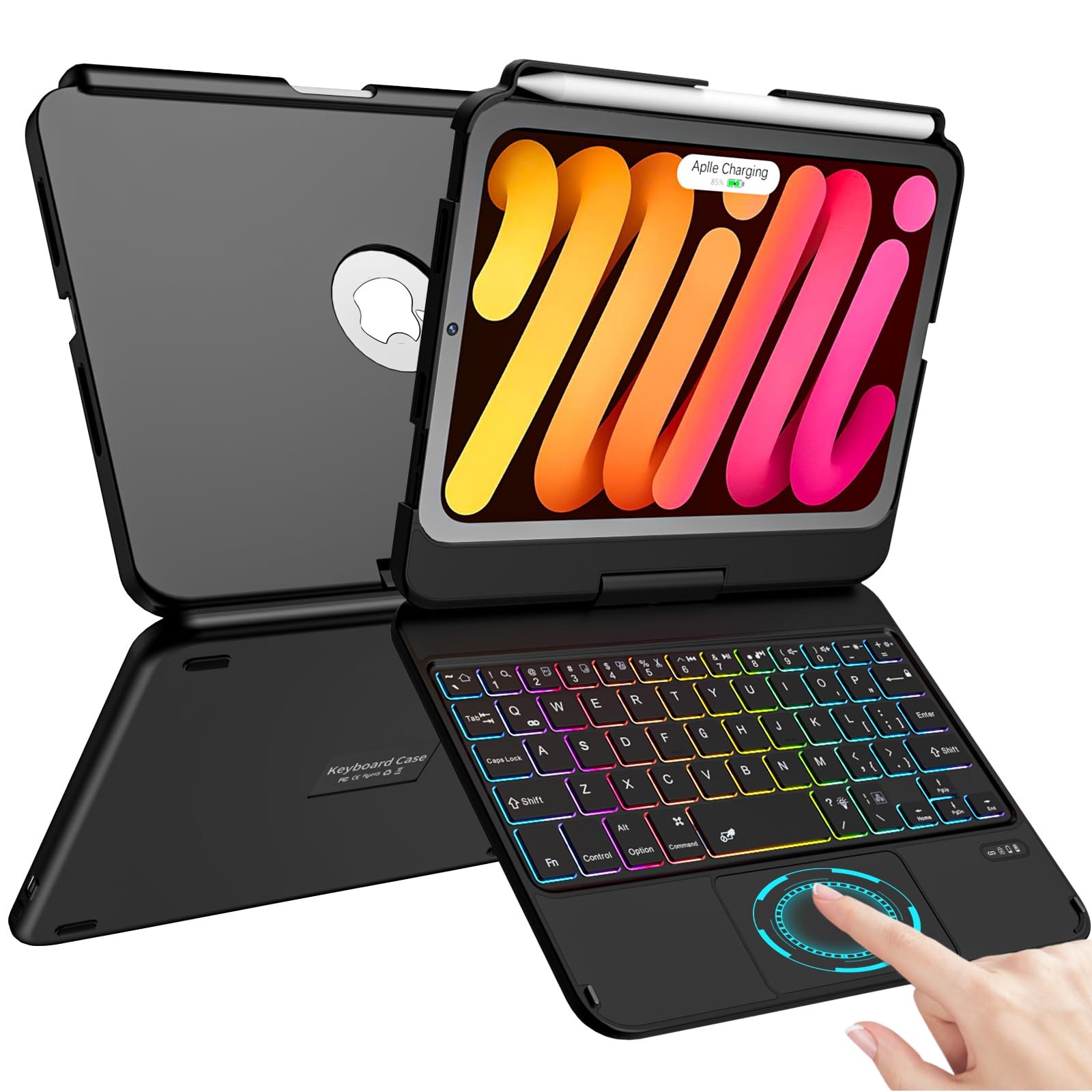 TaIYanG Keyboard Case for iPad Mini 7 & 6, 7 Color Backlit Trackpad, Black 