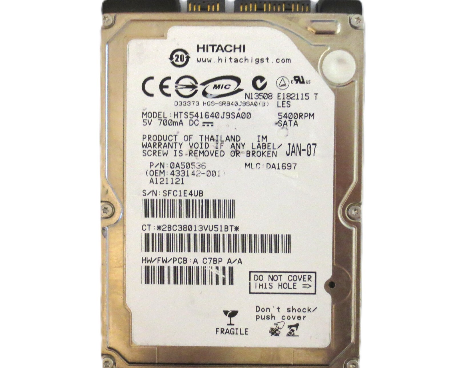 Hitachi HTS541640J9SA00 0A50536 DA1697 (SFC) Thailand 40gb 2.5" Sata HDD JAN-07
