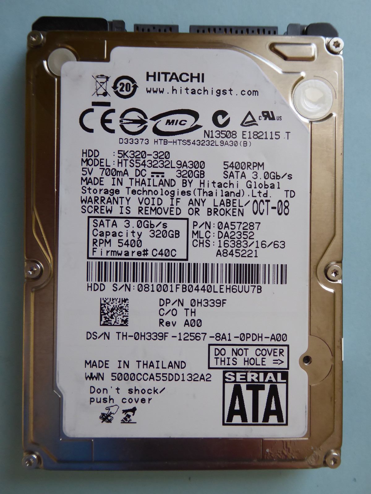Hitachi HTS543232L9A300 | PN: 0A57287 | MLC: DA2352 | OCT-08 | 320GB