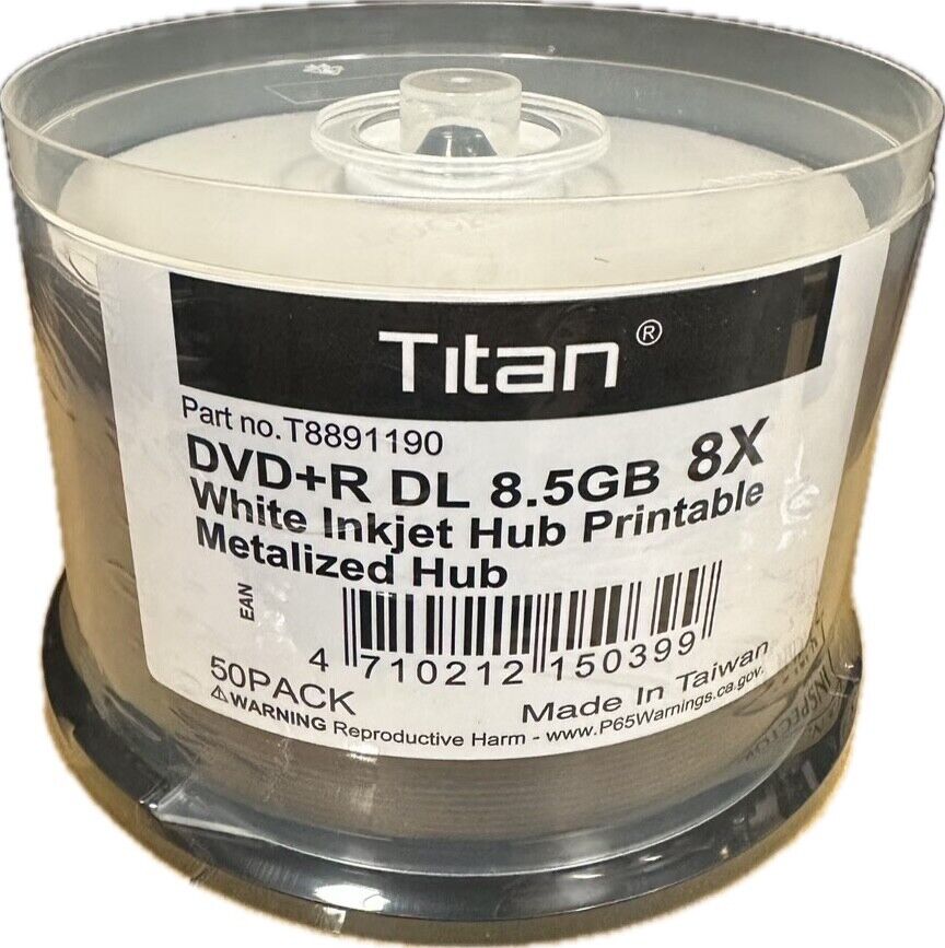 50-PK TITAN Brand 8X White Inkjet Hub Printable DVD+R Dual Layer DL Disc 8.5GB