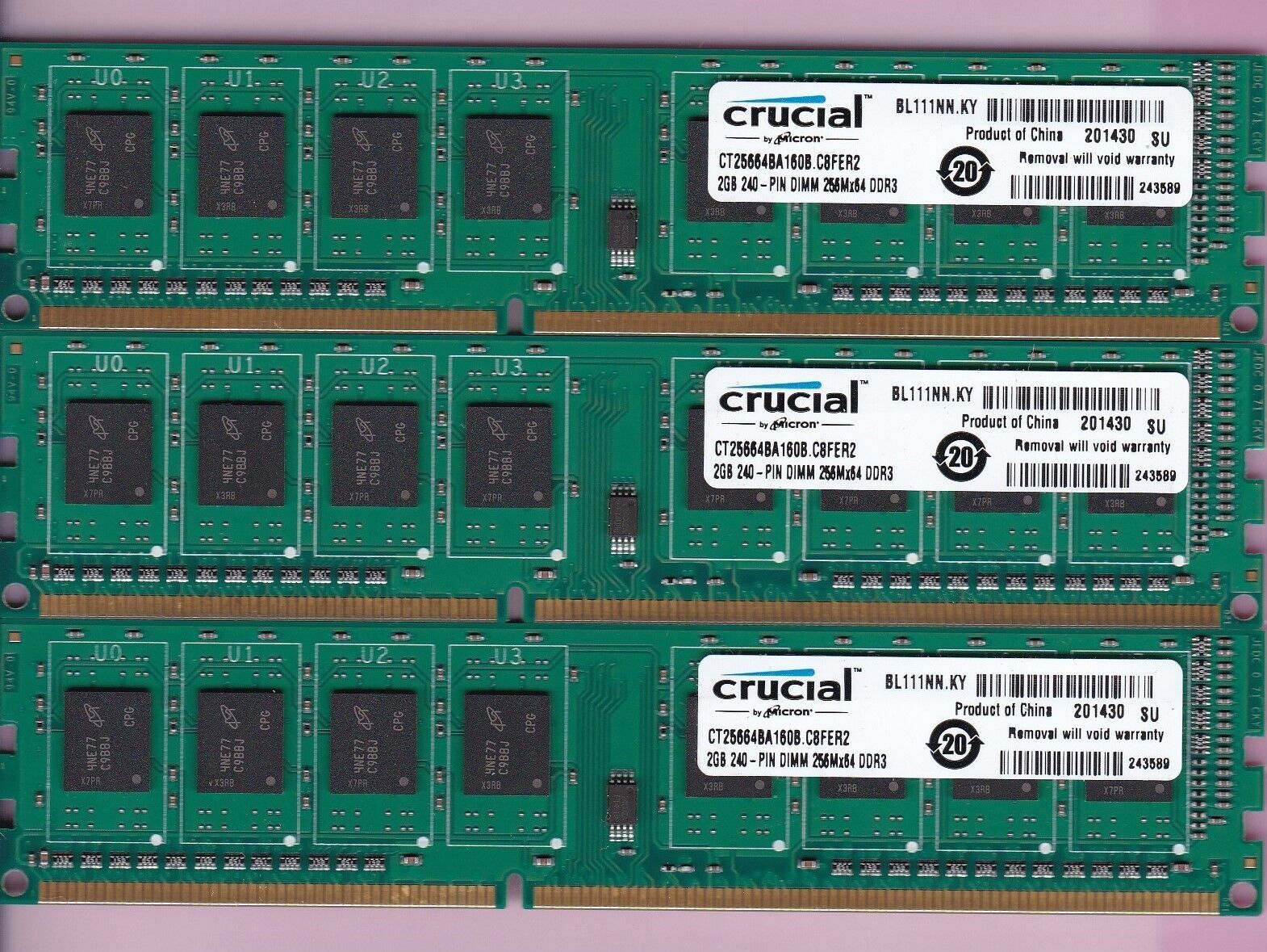 6GB 3x2GB PC3-12800 DDR3-1600 CRUCIAL CT25664BA160B.C8FER2 MICRON Ram Memory Kit