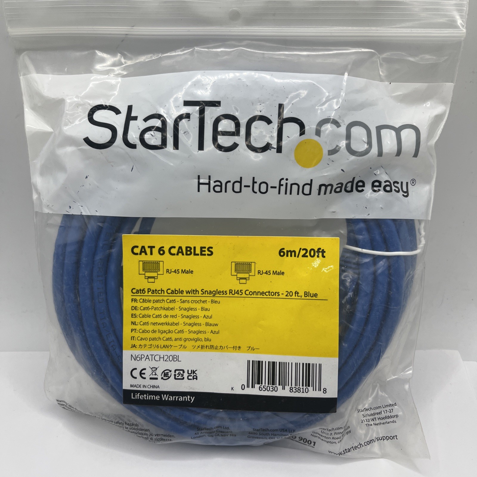 StarTech 20ft Blue Cat6 Patch Cable with Snagless RJ45 Connectors - Long