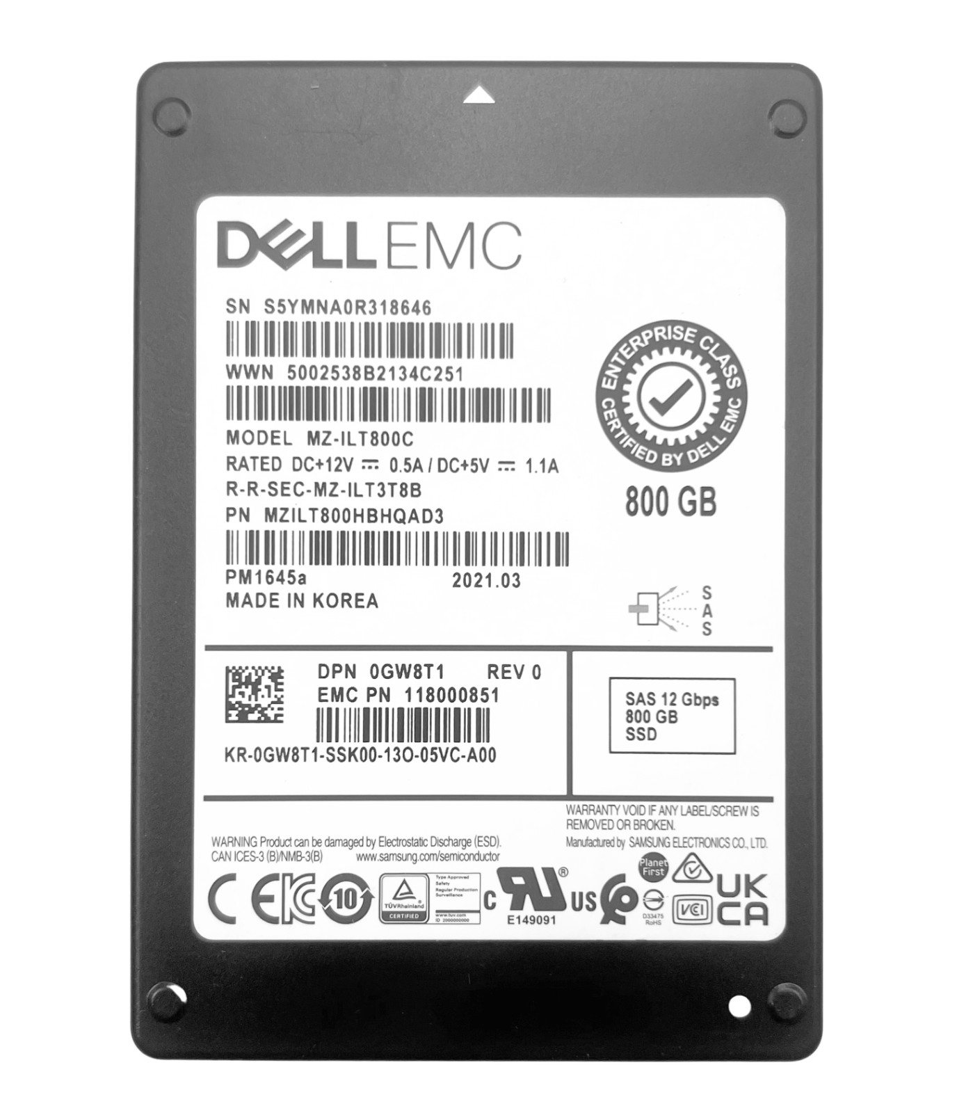 Dell EMC Samsung PM1645a 800GB SAS 12Gb/s 2.5" SSD MZILT800HBHQAD3 100% HEALTH