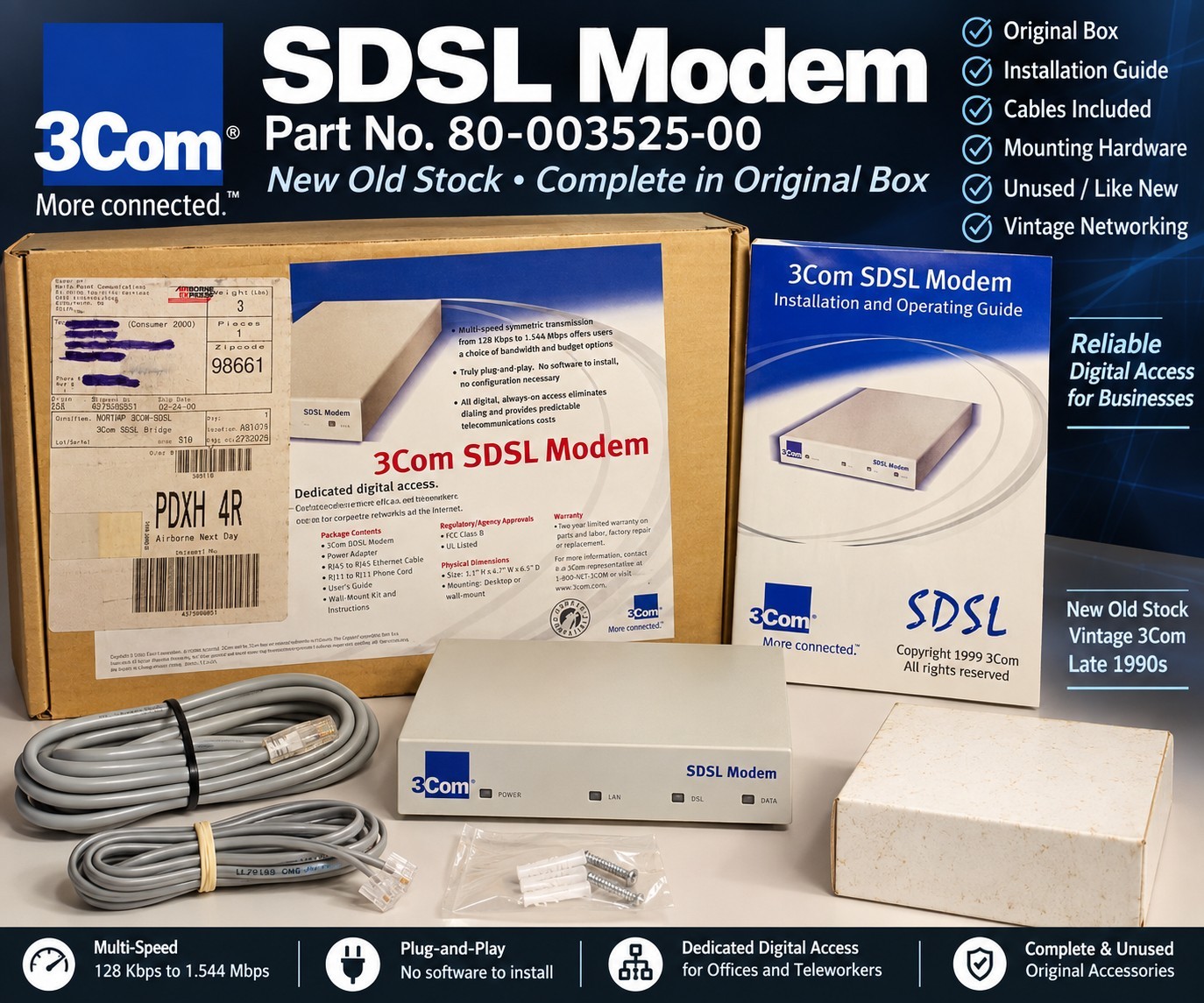3Com SDSL Modem 80-003525-00 NOS New Old Stock Complete Box Manual Cables...