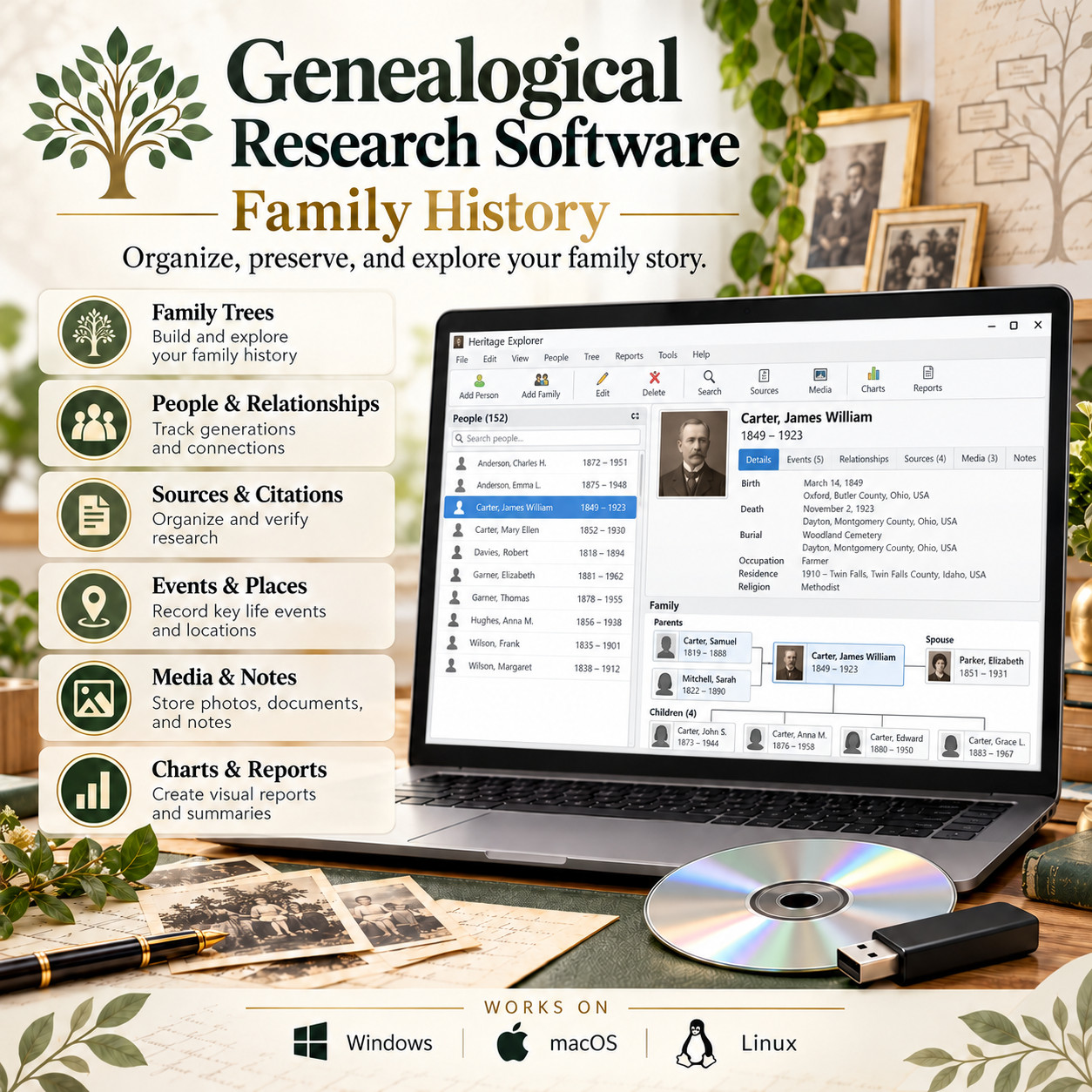 Genealogy Family Tree Maker | Family History Ancestry | USB & CD | Win Mac Linux