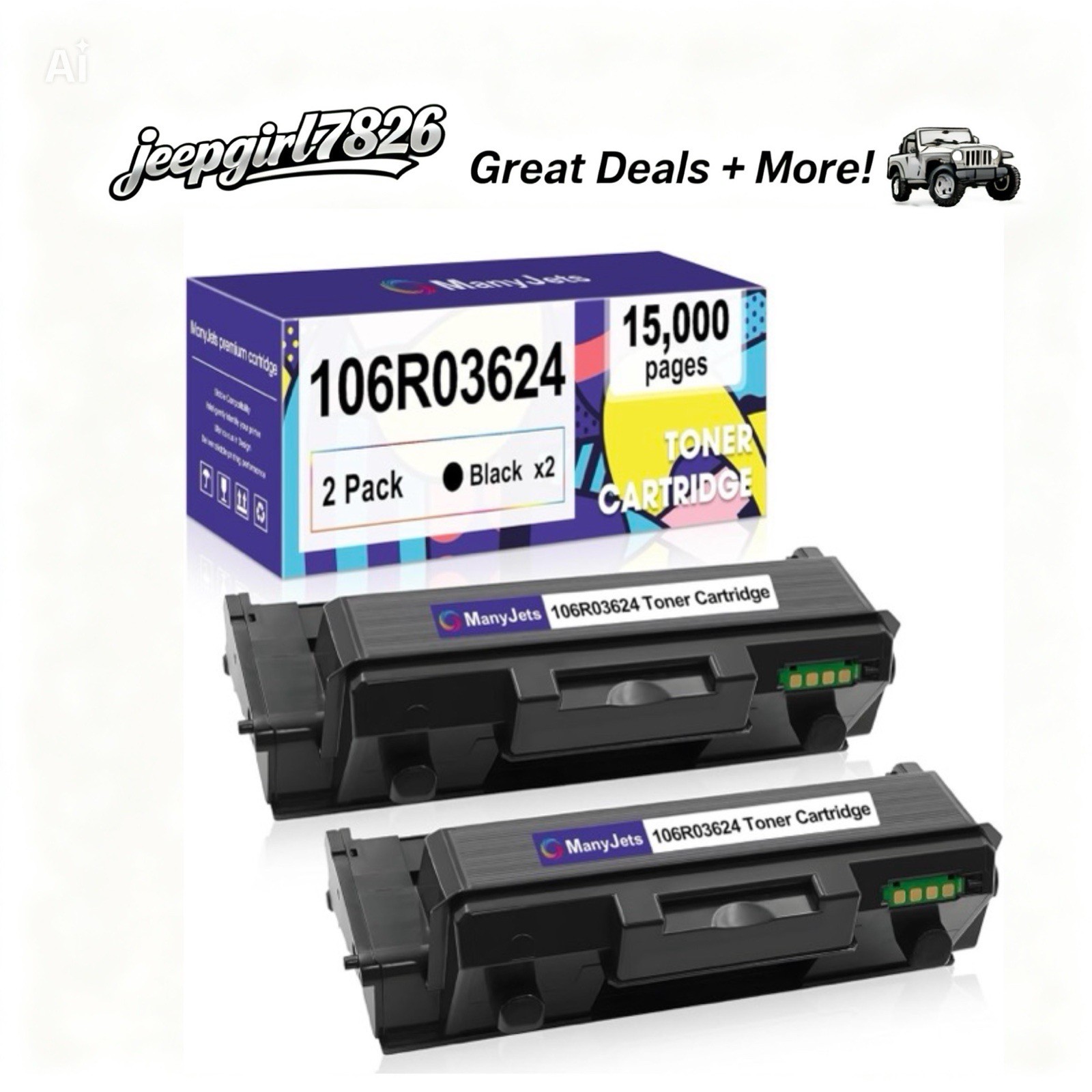 106R03624 2 Pack Compatible 106R03622 Black Toner Phaser 3330 3335 3345 Series