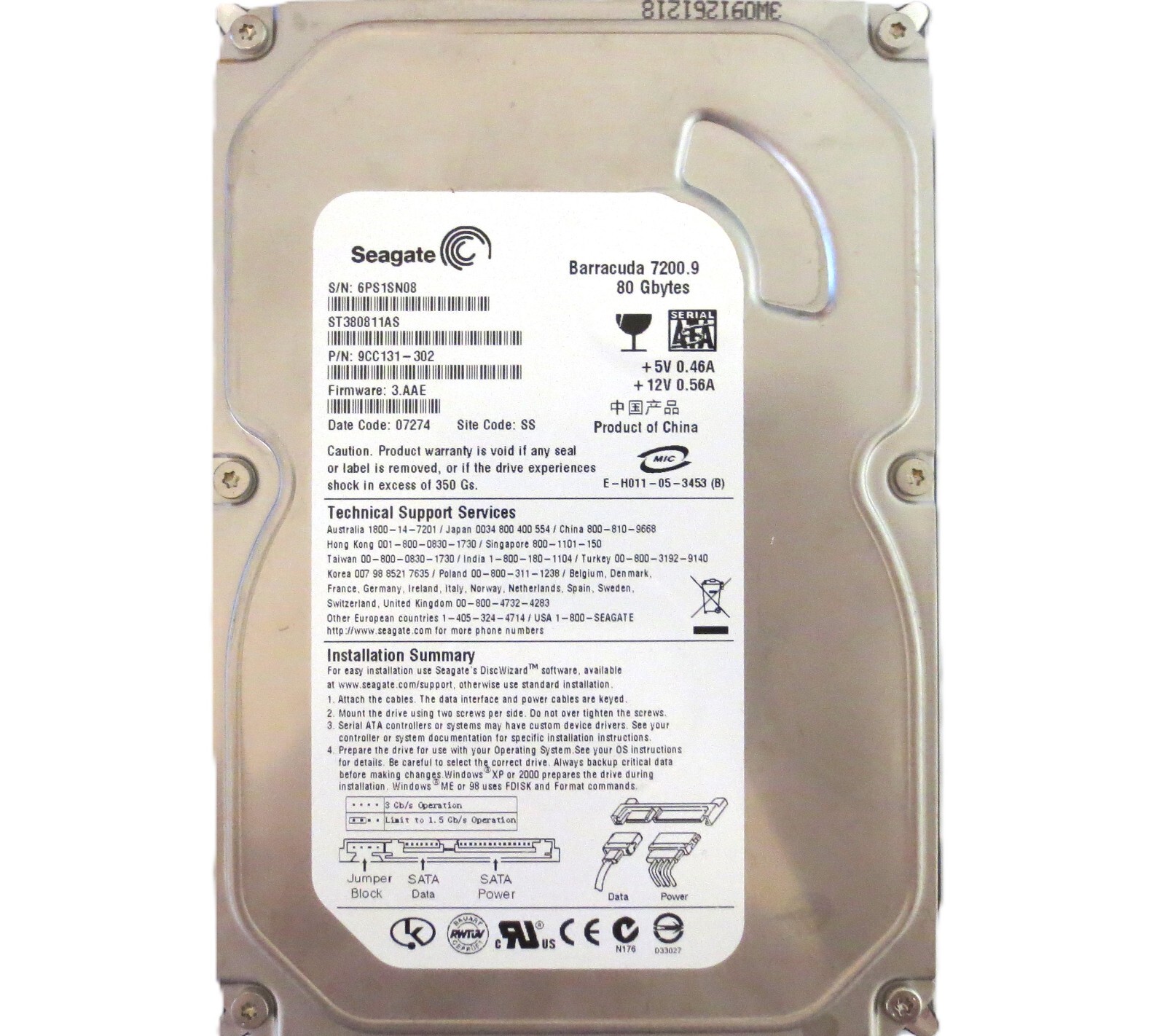 Seagate ST380811AS 9CC131-302 3.AAE SS (6PS) China 80gb 3.5" Sata HDD JAN/2007