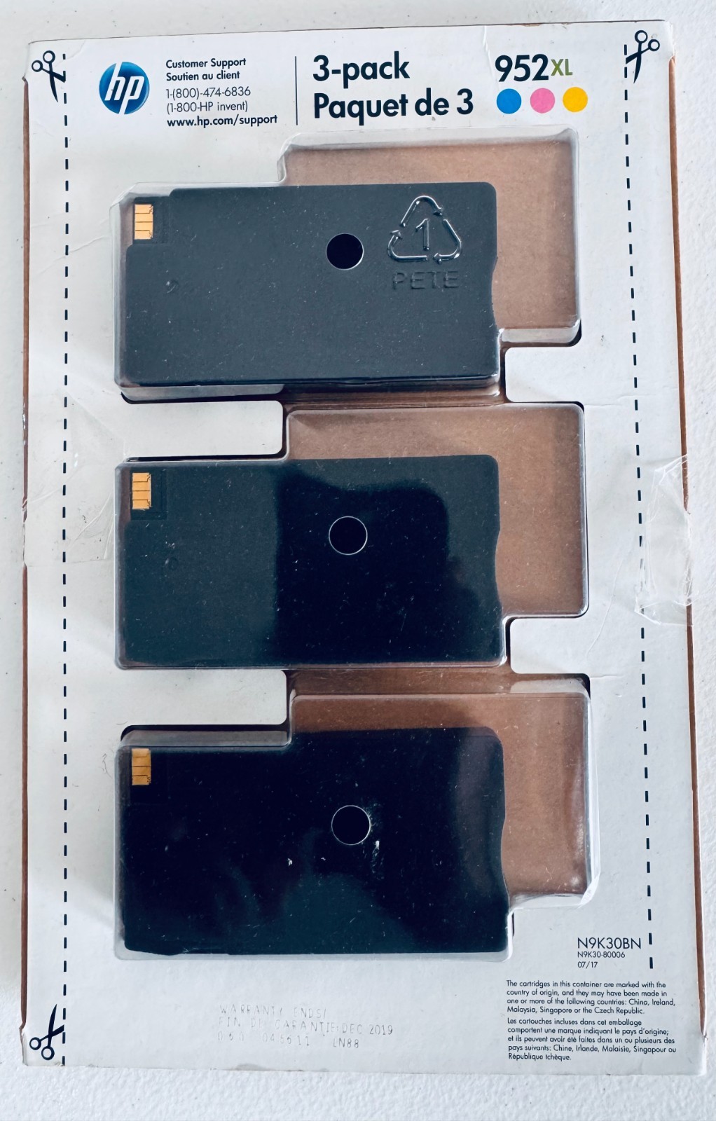 Genuine HP 952XL 3-Pack Cyan Magenta Yellow Ink Catridges N9K30BN OEM 2019