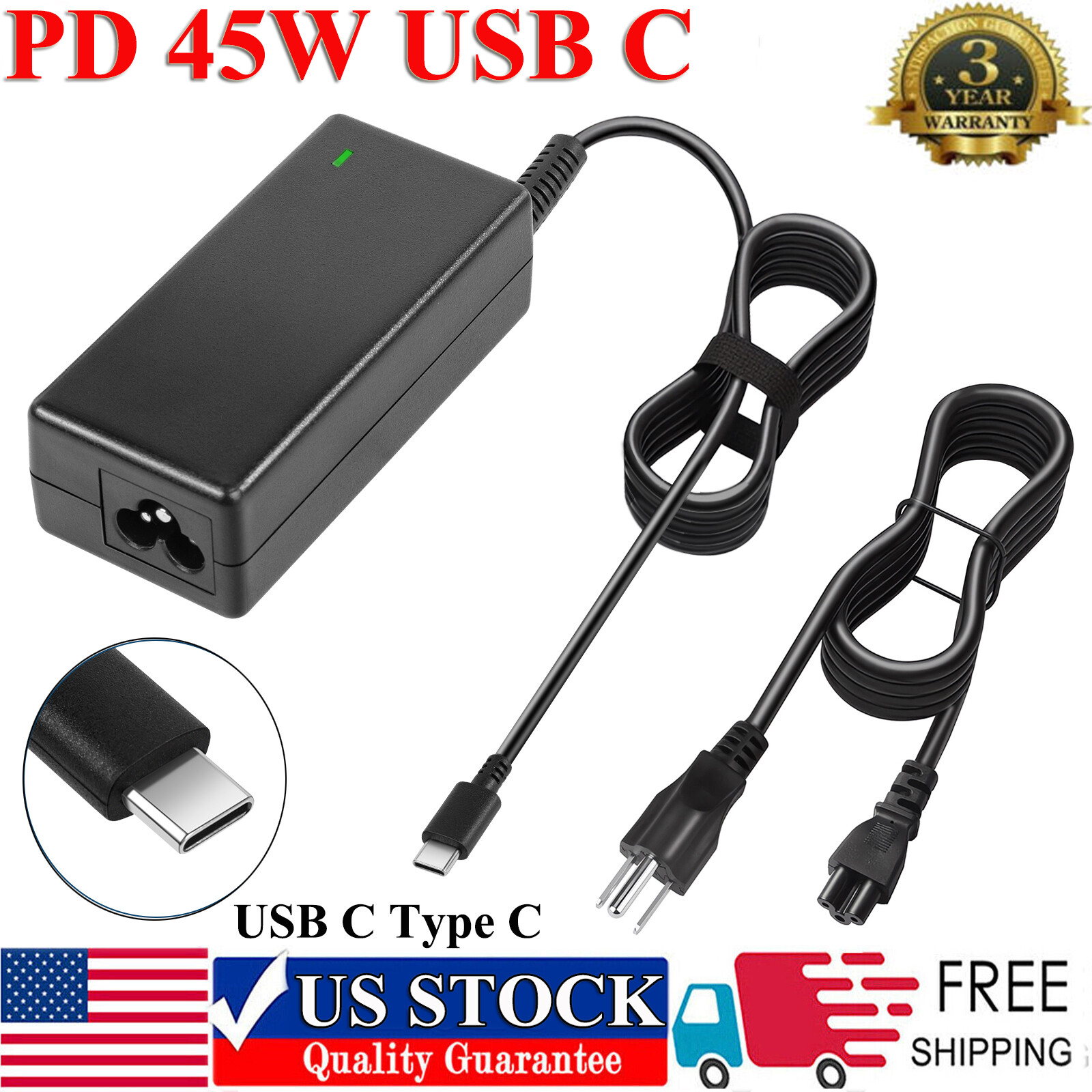 PD 45W/65W/90W Universal USB-C Type-C Adapter Laptop Charger Power Supply Cord