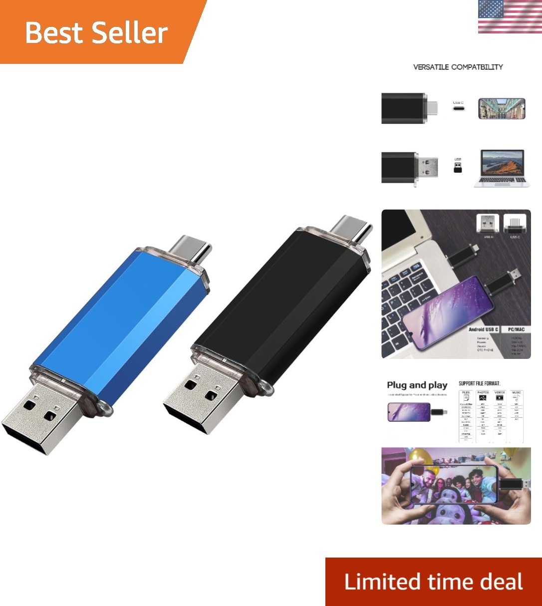 2-Pack 128GB USB C Flash Drives - Dual Type C & USB A for Effortless Backup